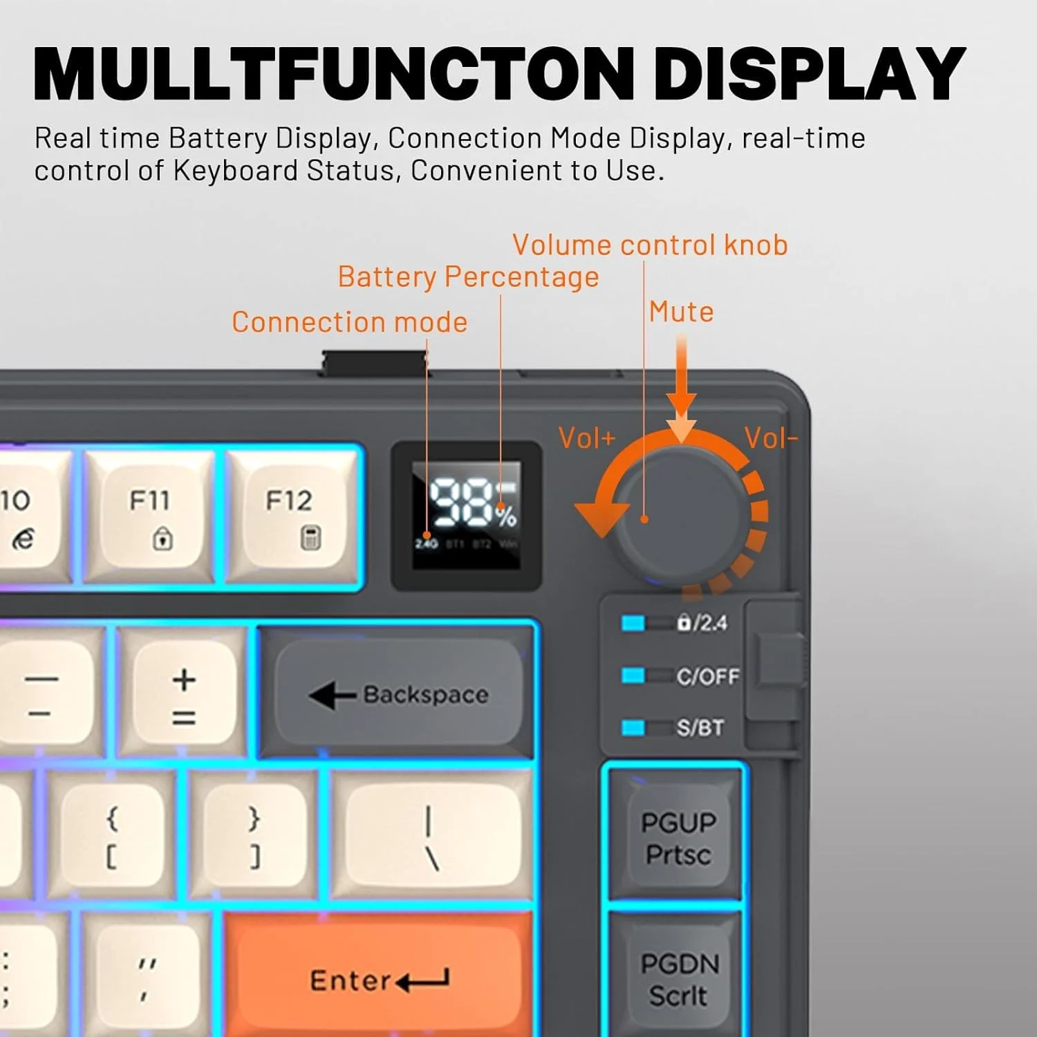 کیبورد مکانیکی، کیبورد گیمینگ بی سیم 75% با نمایشگر و دکمه تنظیم صدا، BT/2.4G/USB-C، RGB با کلیدهای PBT، باتری 2000mAh، پشتیبانی نرم افزاری برای لپ تاپ ویندوز (مشکی)