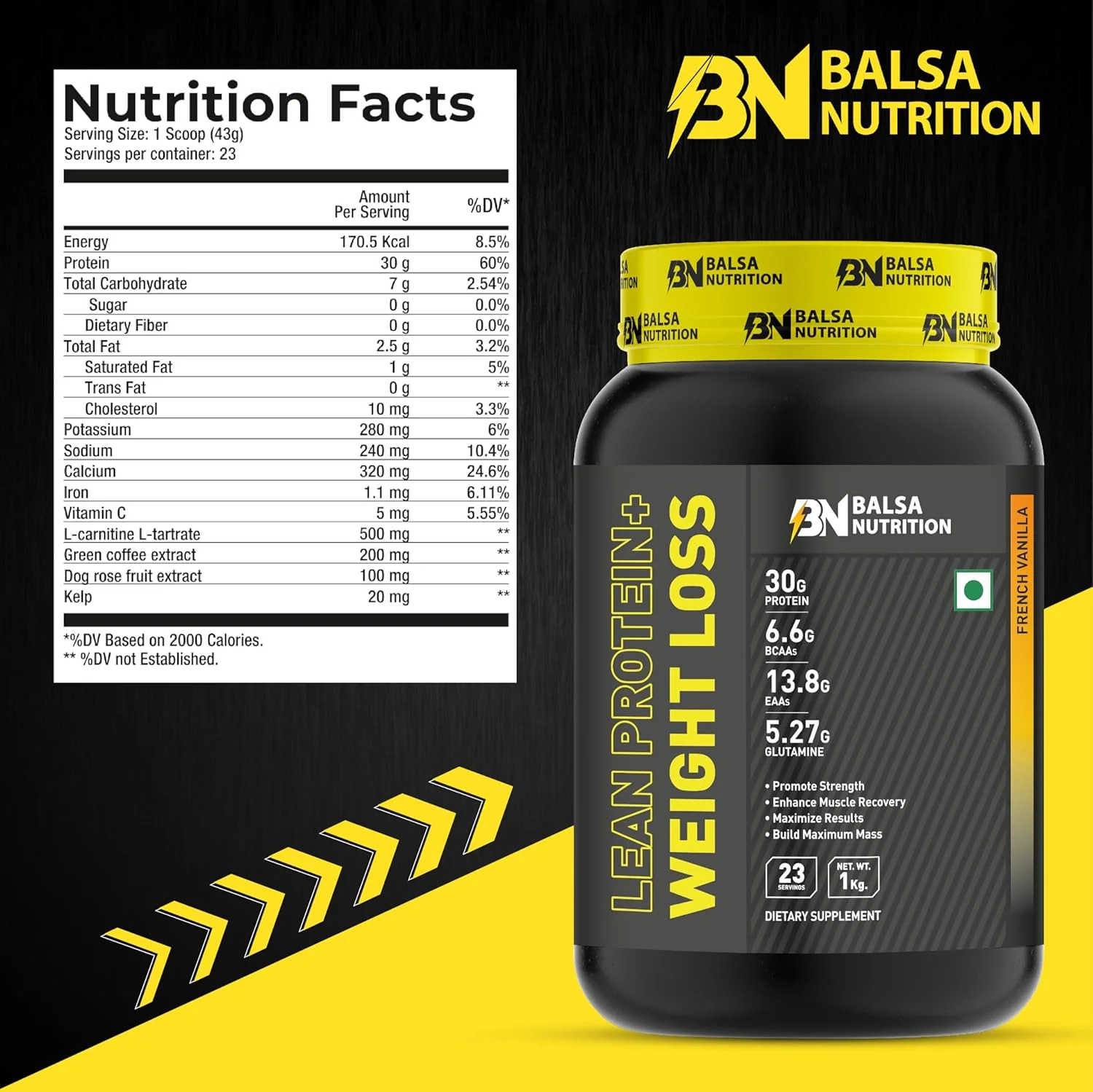 پودر پروتئین بدون چربی + کاهش وزن بالسا نوتریشن 1 کیلوگرم (23 سروینگ) | جایگزین غذایی چربی سوز برای حمایت از کاهش وزن | طعم وانیل فرانسوی