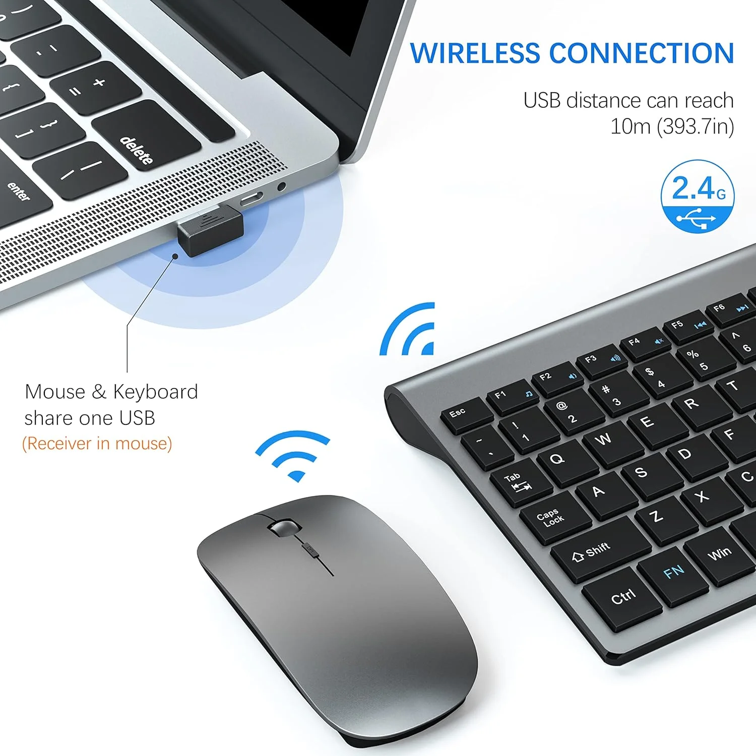 ست کیبورد و ماوس بی‌سیم فوق باریک TopMate، ماوس 2400DPI USB بی‌صدا و جمع و جور 2.4G و کیبورد قیچی با روکش، 2 باتری AA و 2 باتری AAA، برای PC/لپ‌تاپ/ویندوز/مک - خاکستری مشکی