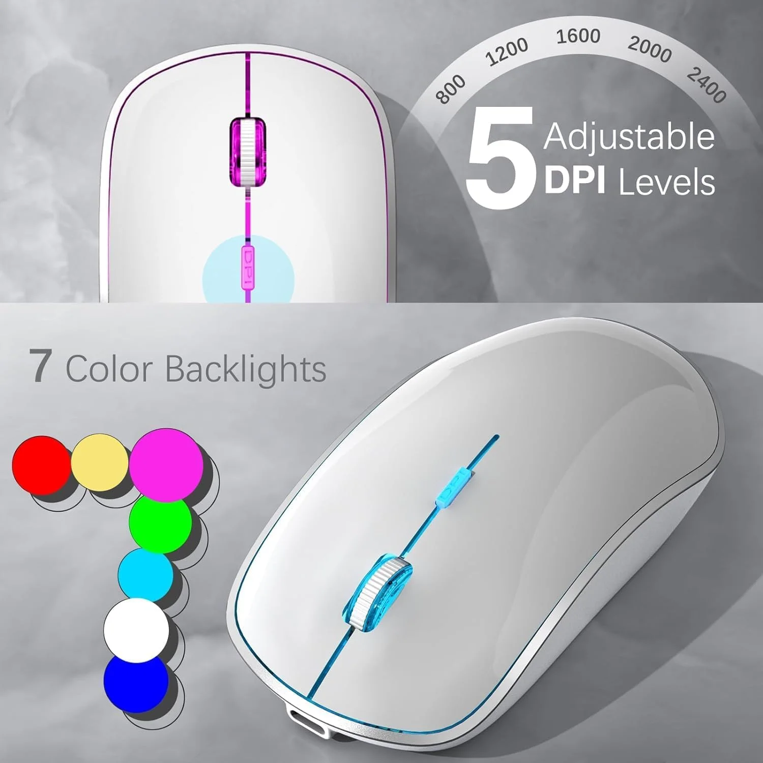 مجموعه کیبورد و ماوس بی سیم JOYACCESS J با 7 گزینه نور پس زمینه، کلیدهای روشن بی صدا، قابل شارژ با Type-C، حالت خواب - مجموعه بی سیم قابل حمل بی صدا 2.4G برای لپ تاپ/کامپیوتر/مک (سفید+نقره ای)