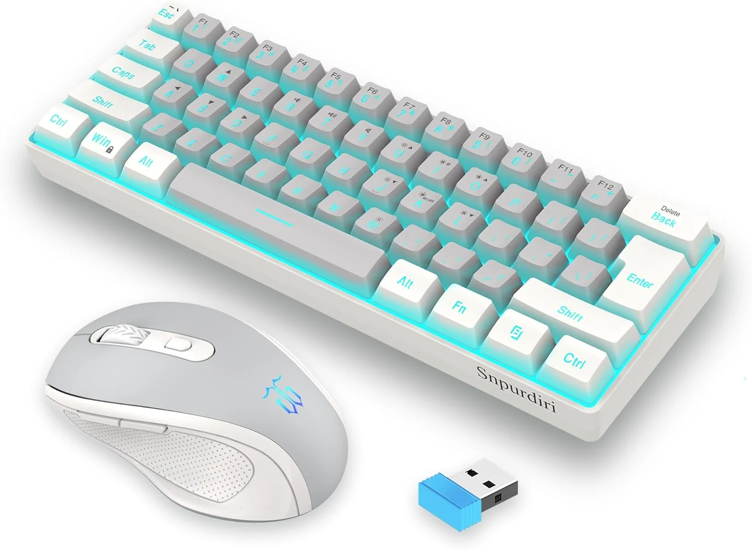 ست کیبورد و ماوس گیمینگ بی‌سیم 2.4G اسنپوردری، شامل کیبورد مینی 60% با نور پس زمینه RGB با حس مکانیکی، ماوس بی‌سیم کوچک با حس عمودی ارگونومیک (سفید و خاکستری)