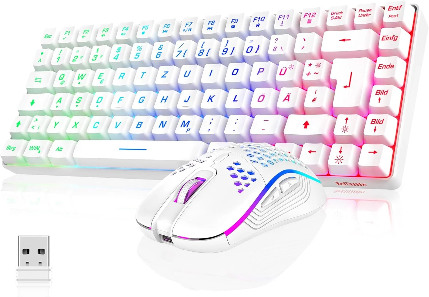 ست کیبورد و ماوس گیمینگ بی‌سیم RedThunder K84، طرح‌بندی QWERTZ DE، جمع‌وجور قابل شارژ، فوق‌العاده سبک - با ساختار لانه زنبوری برای گیمر PC Mac PS5 Xbox [نسخه سفید 2024]
