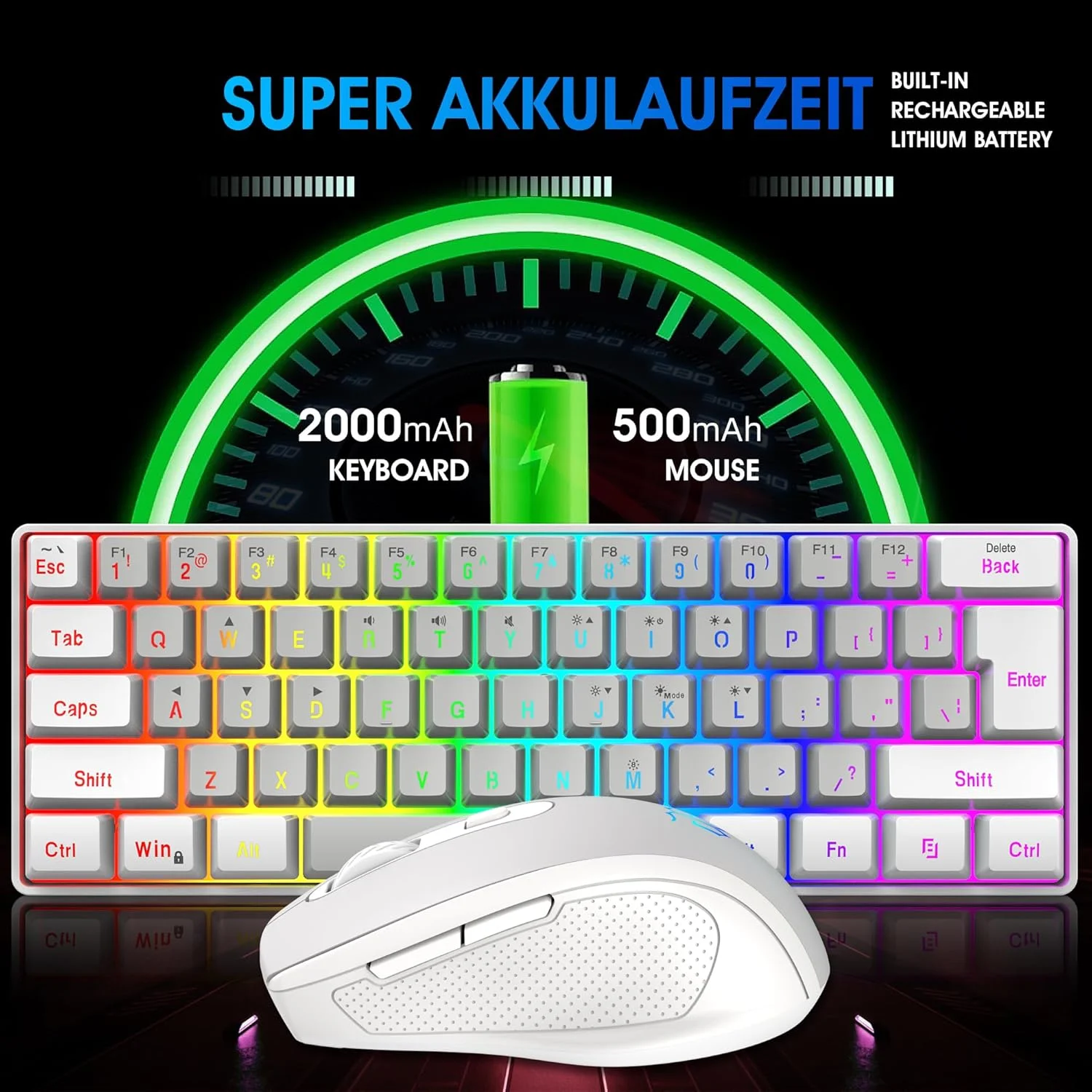 ست کیبورد و ماوس گیمینگ بی‌سیم 2.4G اسنپوردری، شامل کیبورد مینی 60% با نور پس زمینه RGB با حس مکانیکی، ماوس بی‌سیم کوچک با حس عمودی ارگونومیک (سفید و خاکستری)
