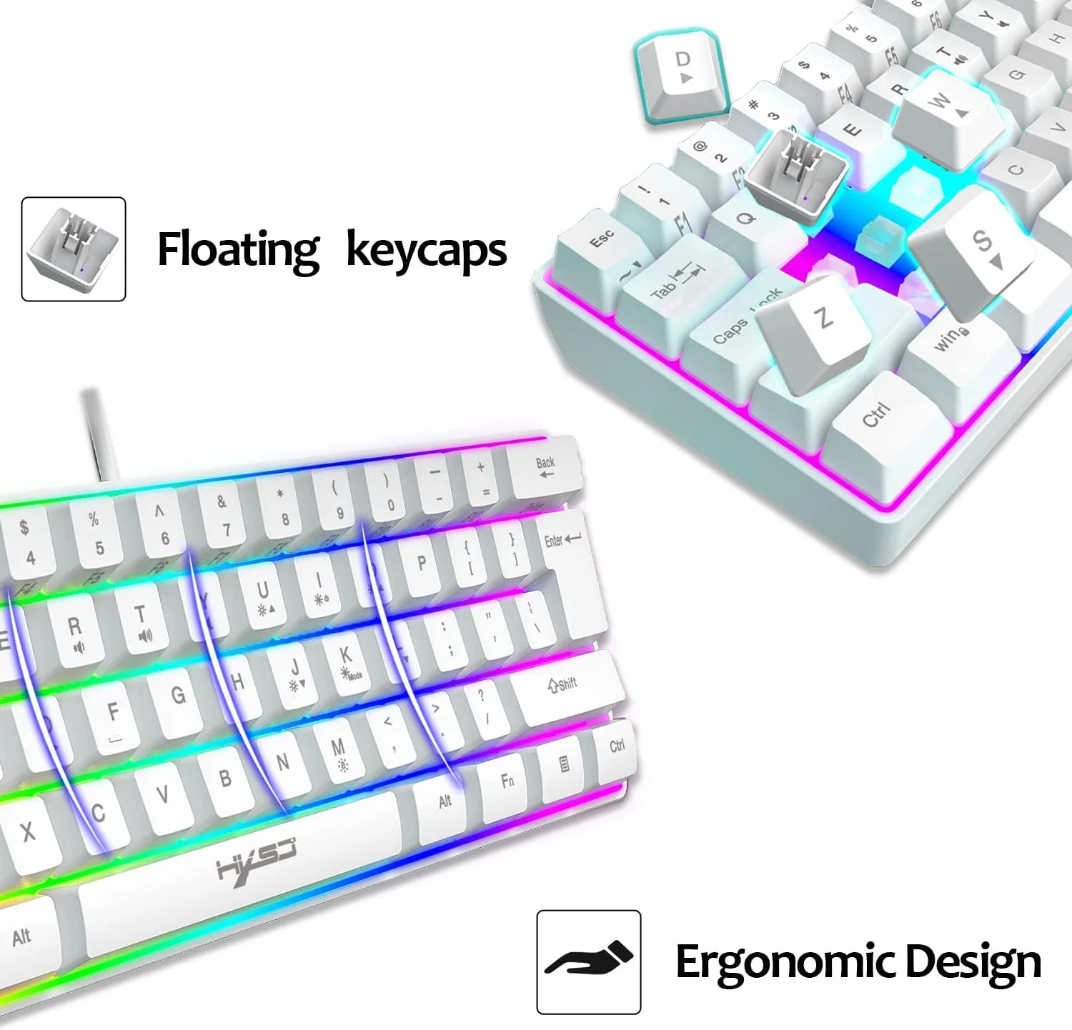 ست کیبورد گیمینگ سیم دار KUIYN V700 60% و ماوس، مینی 61 کلید با نور پس زمینه 11 RGB ضد شبح + ماوس گیمینگ مدل O سیم دار سبک وزن 383 با DPI 2400 لانه زنبوری + پد ماوس برای گیمر PC/PS/Xbox
