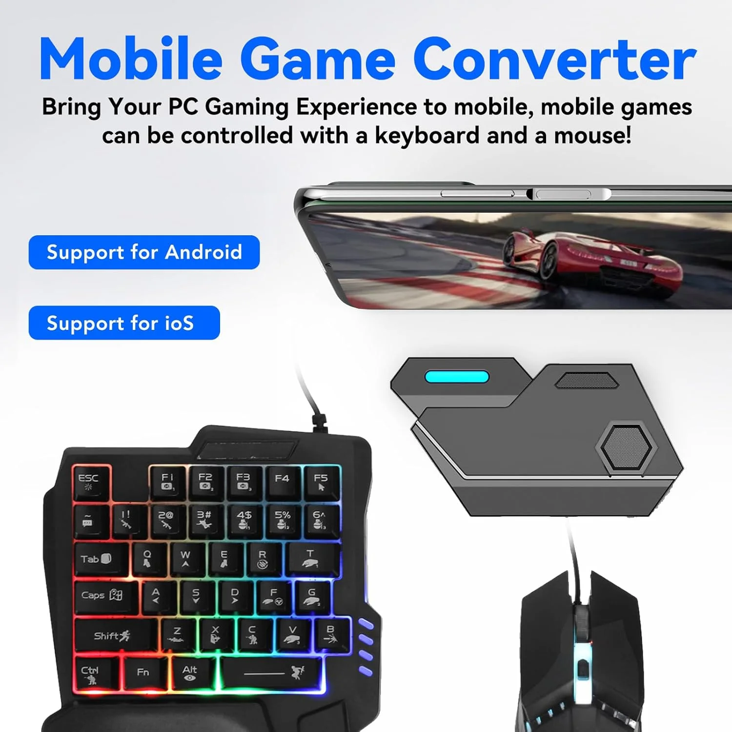 پک ترکیبی 4 در 1 بازی موبایل Yitre، مشکی، USB-C، مبدل ماوس کیبورد، کیبورد K13، ماوس G4، پایه تلفن برای بازی های اندروید و FPS، پلاگ اند پلی