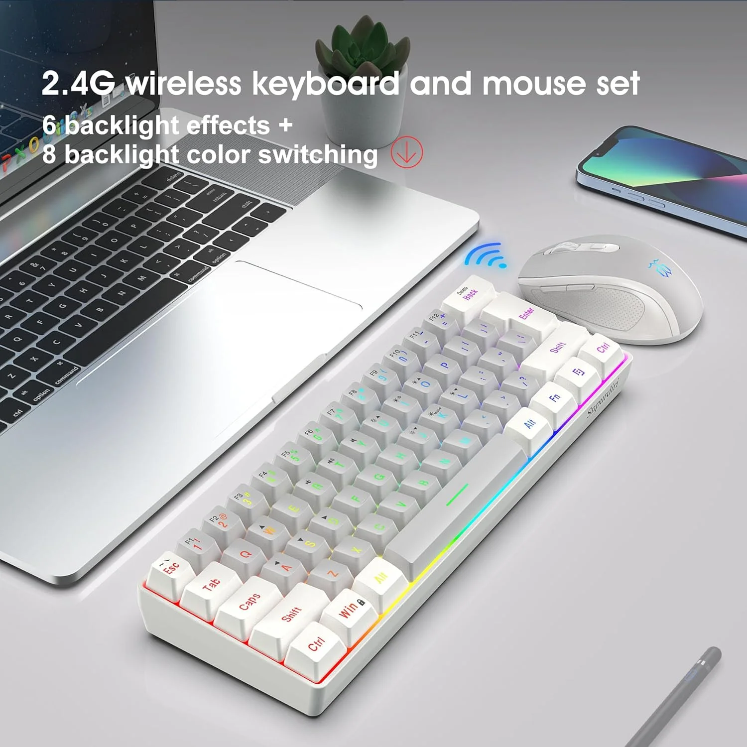 ست کیبورد و ماوس گیمینگ بی‌سیم 2.4G اسنپوردری، شامل کیبورد مینی 60% با نور پس زمینه RGB با حس مکانیکی، ماوس بی‌سیم کوچک با حس عمودی ارگونومیک (سفید و خاکستری)