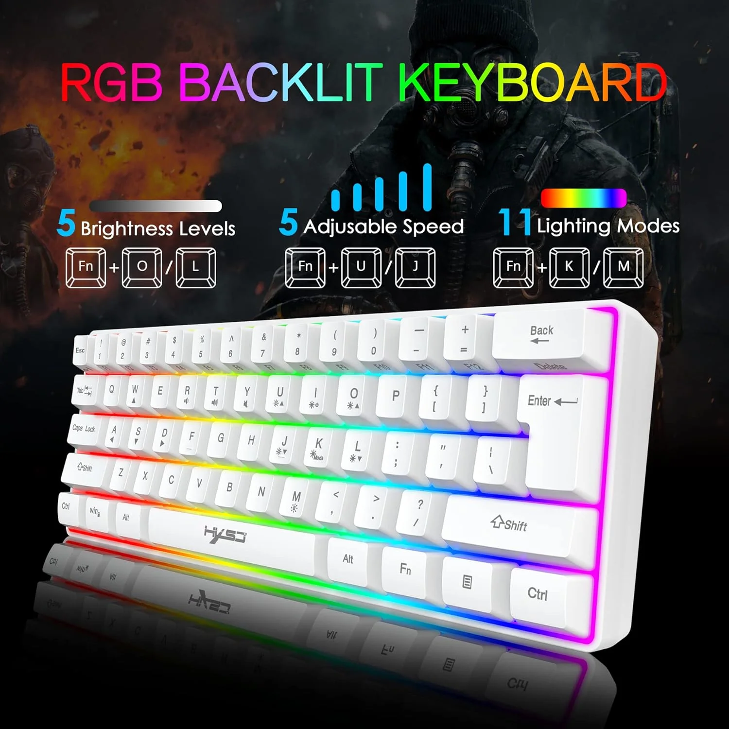 ست کیبورد گیمینگ سیم دار KUIYN V700 60% و ماوس، مینی 61 کلید با نور پس زمینه 11 RGB ضد شبح + ماوس گیمینگ مدل O سیم دار سبک وزن 383 با DPI 2400 لانه زنبوری + پد ماوس برای گیمر PC/PS/Xbox