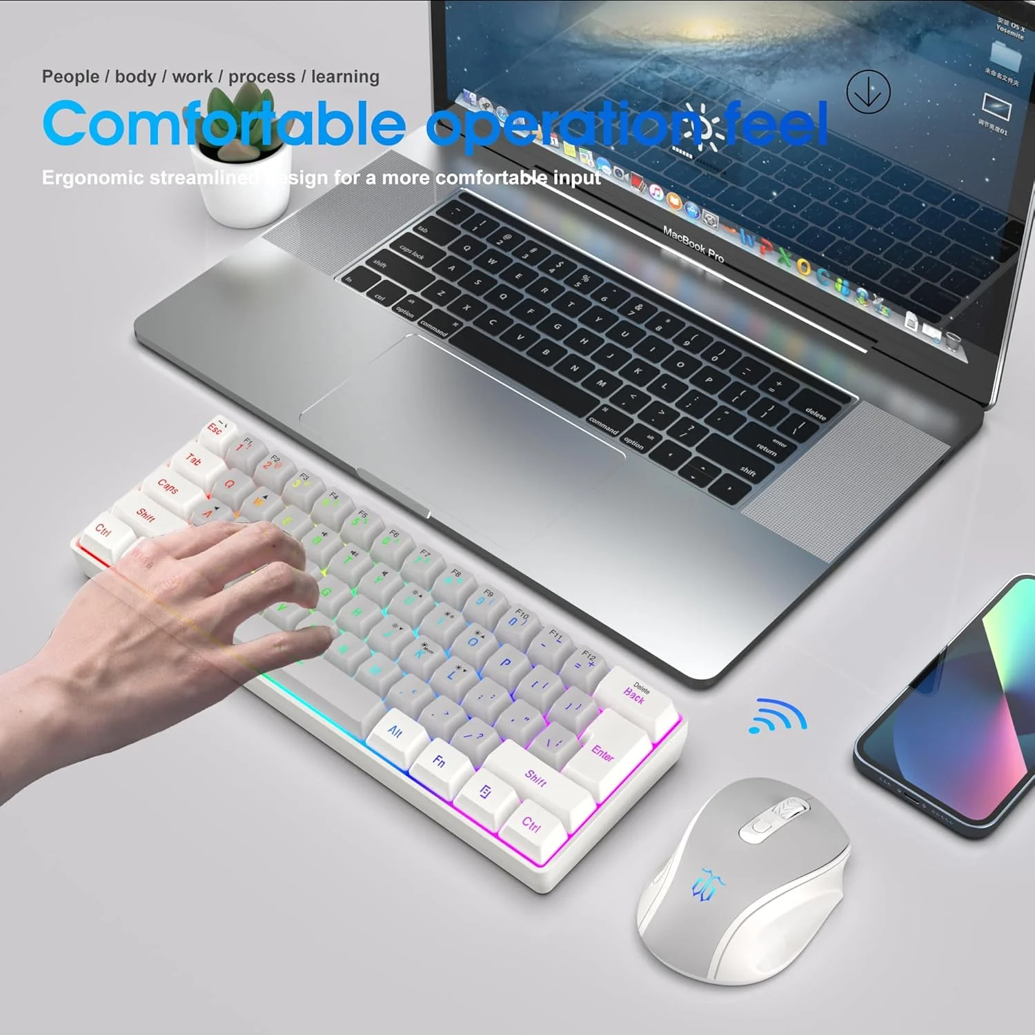 ست کیبورد و ماوس گیمینگ بی‌سیم 2.4G اسنپوردری، شامل کیبورد مینی 60% با نور پس زمینه RGB با حس مکانیکی، ماوس بی‌سیم کوچک با حس عمودی ارگونومیک (سفید و خاکستری)