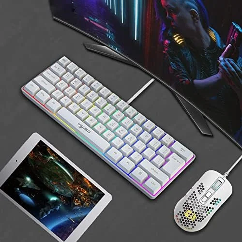 ست کیبورد گیمینگ سیم دار KUIYN V700 60% و ماوس، مینی 61 کلید با نور پس زمینه 11 RGB ضد شبح + ماوس گیمینگ مدل O سیم دار سبک وزن 383 با DPI 2400 لانه زنبوری + پد ماوس برای گیمر PC/PS/Xbox