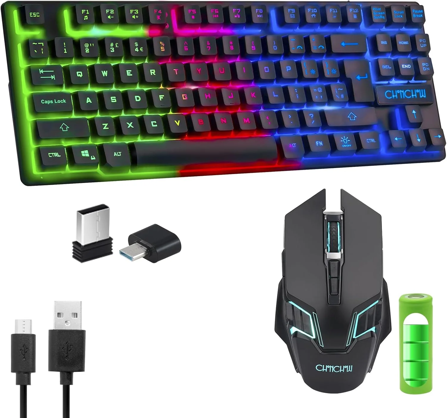ست کیبورد و ماوس گیمینگ بی‌سیم TKL، دارای نور پس‌زمینه LED، جمع و جور و 87 کلید، 6 دکمه، قابل شارژ، سازگار با کامپیوتر، لپ‌تاپ، PS4، PS5، سوییچ، ویندوز XP/7/8/10، آی‌مک، مک‌بوک، ایکس‌باکس وان ایکس