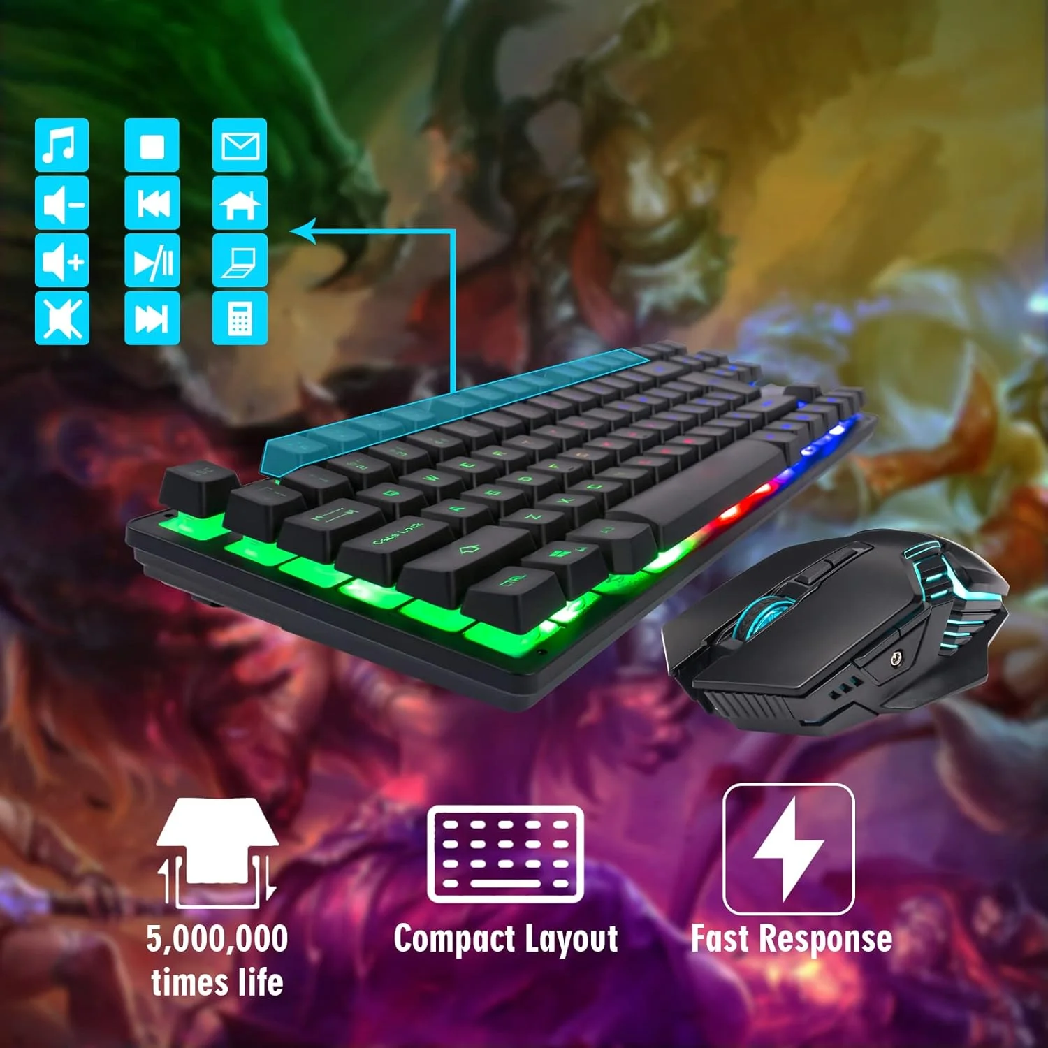 ست کیبورد و ماوس گیمینگ بی‌سیم TKL، دارای نور پس‌زمینه LED، جمع و جور و 87 کلید، 6 دکمه، قابل شارژ، سازگار با کامپیوتر، لپ‌تاپ، PS4، PS5، سوییچ، ویندوز XP/7/8/10، آی‌مک، مک‌بوک، ایکس‌باکس وان ایکس