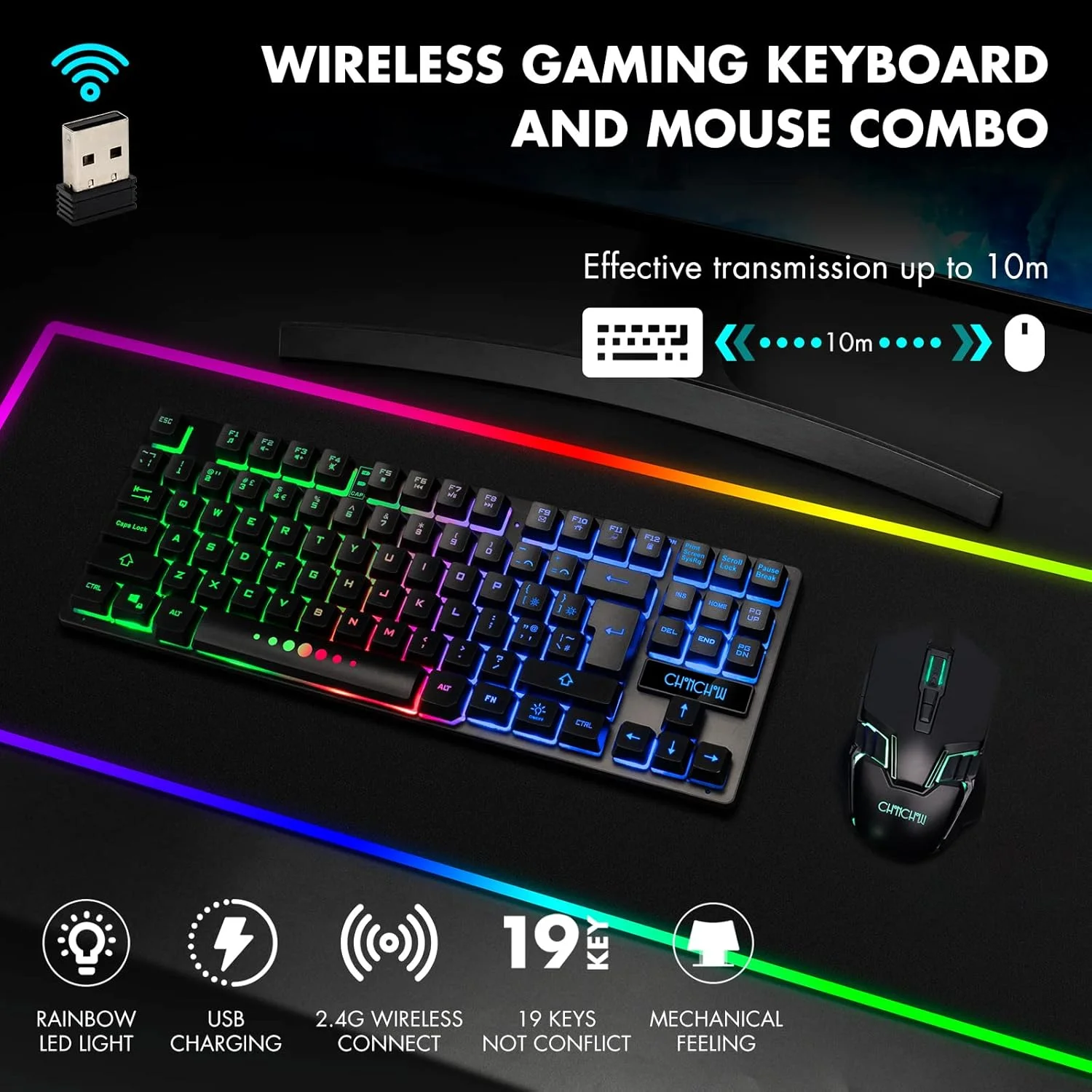 ست کیبورد و ماوس گیمینگ بی‌سیم TKL، دارای نور پس‌زمینه LED، جمع و جور و 87 کلید، 6 دکمه، قابل شارژ، سازگار با کامپیوتر، لپ‌تاپ، PS4، PS5، سوییچ، ویندوز XP/7/8/10، آی‌مک، مک‌بوک، ایکس‌باکس وان ایکس