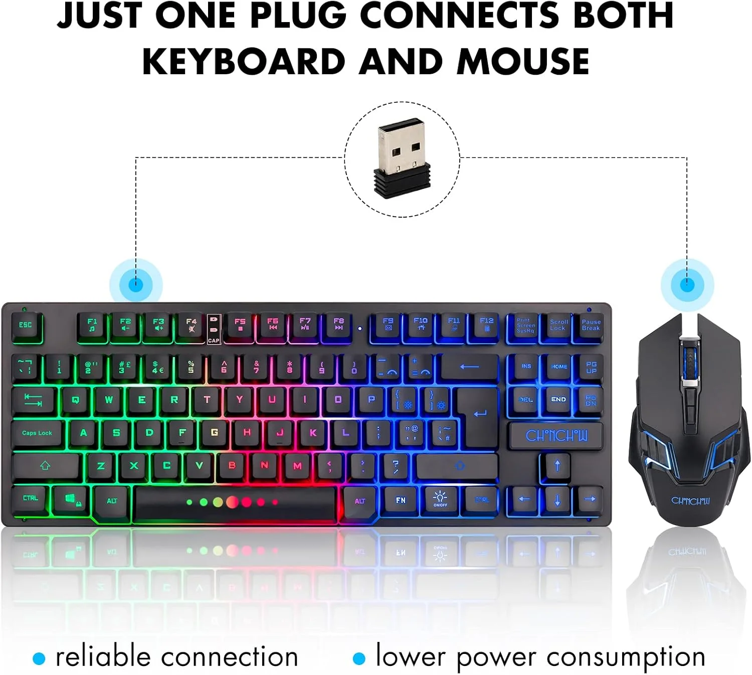 ست کیبورد و ماوس گیمینگ بی‌سیم TKL، دارای نور پس‌زمینه LED، جمع و جور و 87 کلید، 6 دکمه، قابل شارژ، سازگار با کامپیوتر، لپ‌تاپ، PS4، PS5، سوییچ، ویندوز XP/7/8/10، آی‌مک، مک‌بوک، ایکس‌باکس وان ایکس