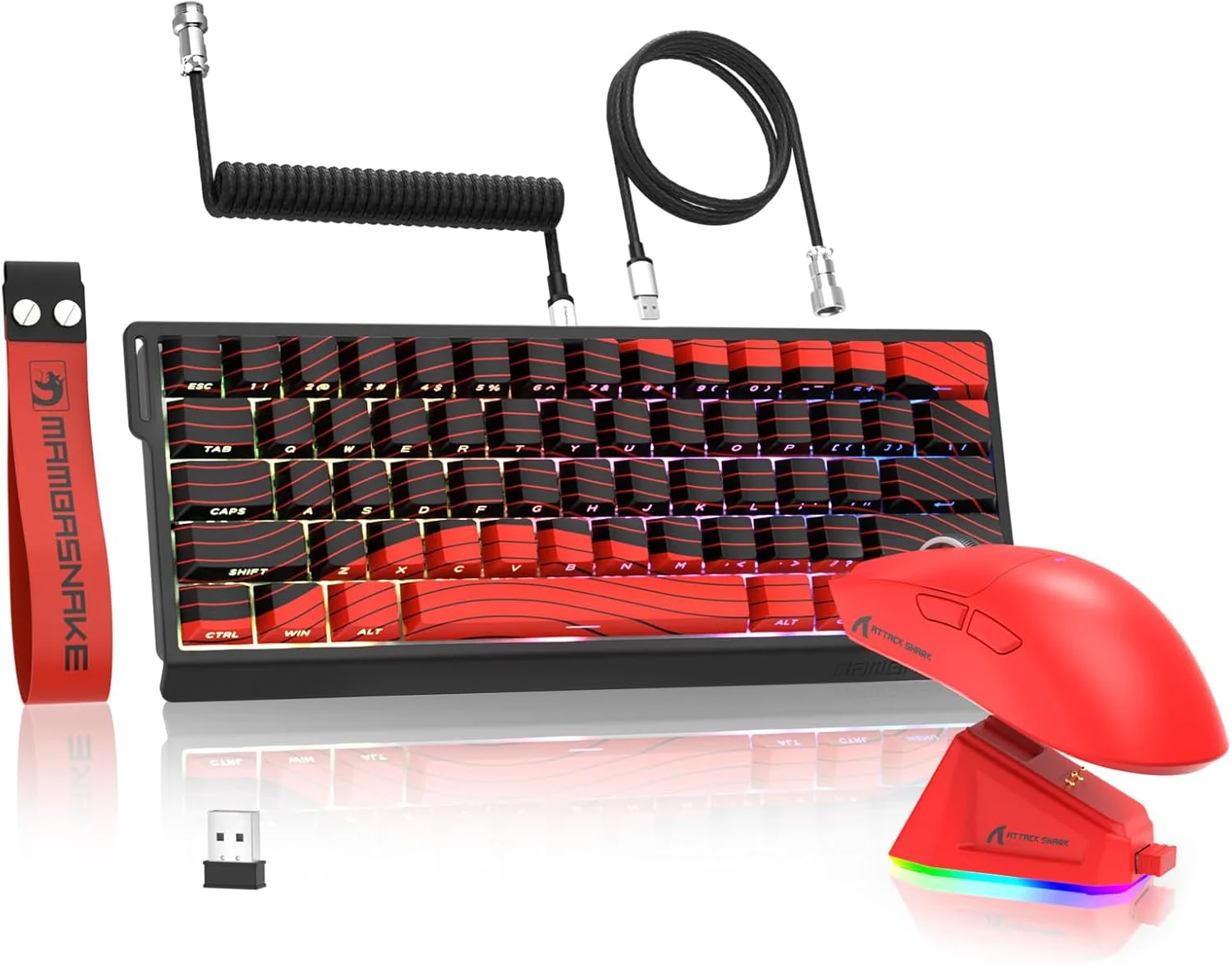 MAMBASNAKE x Attack Shark X60HE کیبورد گیمینگ بی‌سیم با قابلیت Rapid Trigger و ماوس گیمینگ X11 با کابل مارپیچ 8K، کیبورد RGB QWERTY با سوئیچ مغناطیسی RT 0.01 میلی‌متری، حسگر ماوس PAW3311 22K DPI - قرمز