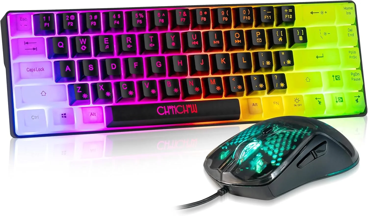 ست کیبورد و ماوس گیمینگ 60% CHONCHOW، کیبورد گیمینگ 68 کلید سیم دار با نور پس زمینه LED RGB و ماوس با نور پس زمینه RGB، کیبورد کوچک نورانی برای PC Xbox PS4 (سیاه-سفید)
