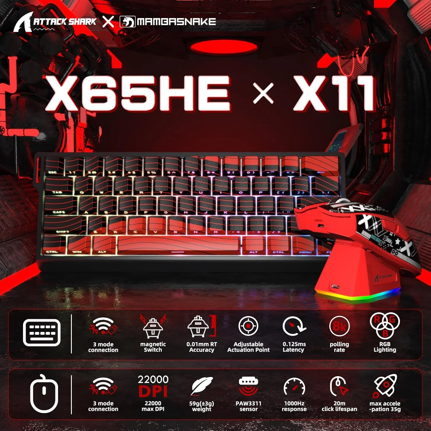 MAMBASNAKE x Attack Shark X60HE کیبورد گیمینگ بیسیم با قابلیت Rapid Trigger و ماوس گیمینگ X11 با کابل مارپیچ 8K، کیبورد RGB QWERTY با سوئیچ مغناطیسی RT 0.01 میلیمتری، حسگر ماوس PAW3311 22K DPI - قرمز MAMBASNAKE x Attack Shark X60HE کیبورد گیمینگ بیسیم با قابلیت Rapid Trigger و ماوس گیمینگ X11 با کابل مارپیچ 8K، کیبورد RGB QWERTY با سوئیچ مغناطیسی RT 0.01 میلیمتری، حسگر ماوس PAW3311 22K DPI - قرمز