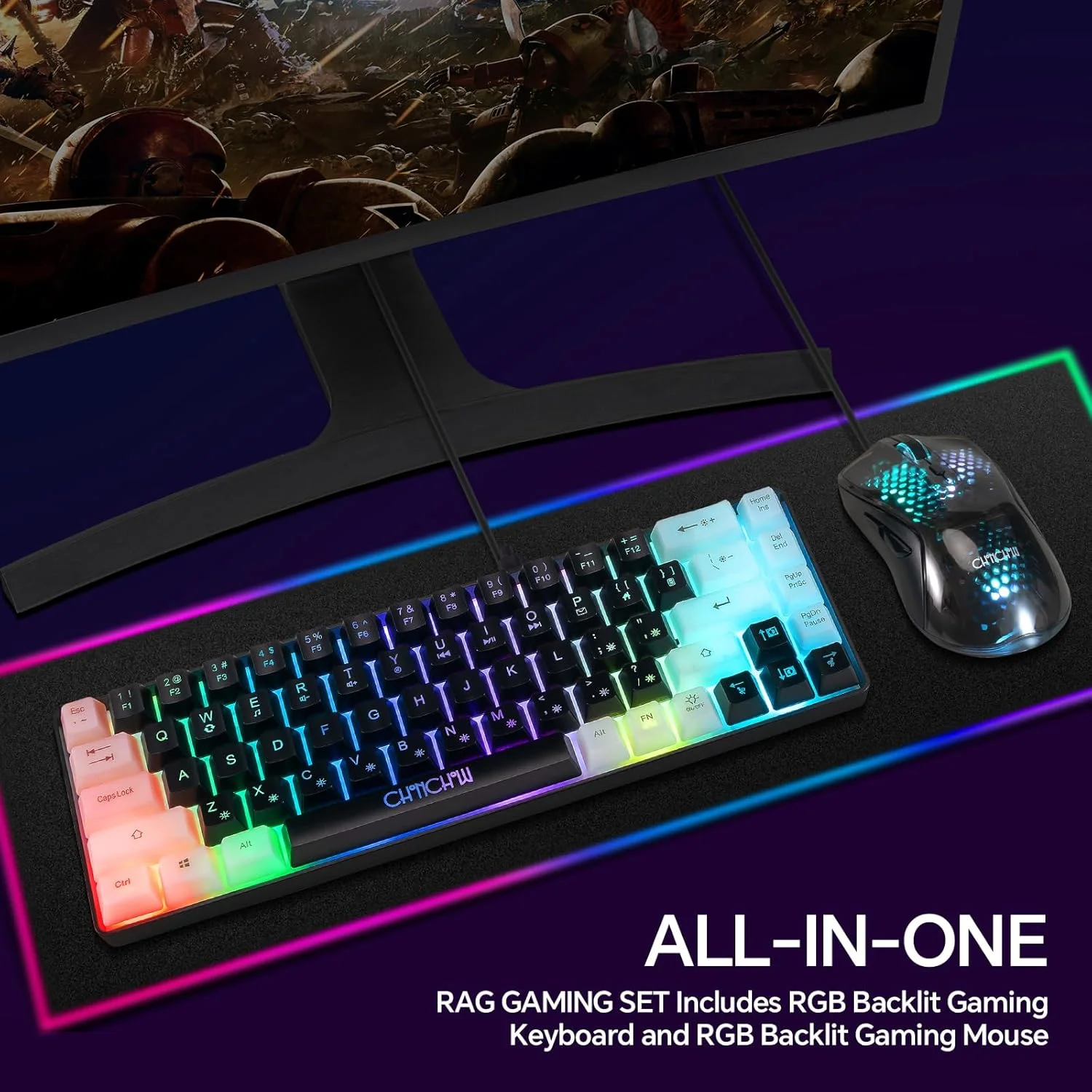 ست کیبورد و ماوس گیمینگ 60% CHONCHOW، کیبورد گیمینگ 68 کلید سیم دار با نور پس زمینه LED RGB و ماوس با نور پس زمینه RGB، کیبورد کوچک نورانی برای PC Xbox PS4 (سیاه-سفید) ست کیبورد و ماوس گیمینگ 60% CHONCHOW، کیبورد گیمینگ 68 کلید سیم دار با نور پس زمینه LED RGB و ماوس با نور پس زمینه RGB، کیبورد کوچک نورانی برای PC Xbox PS4 (سیاه-سفید)