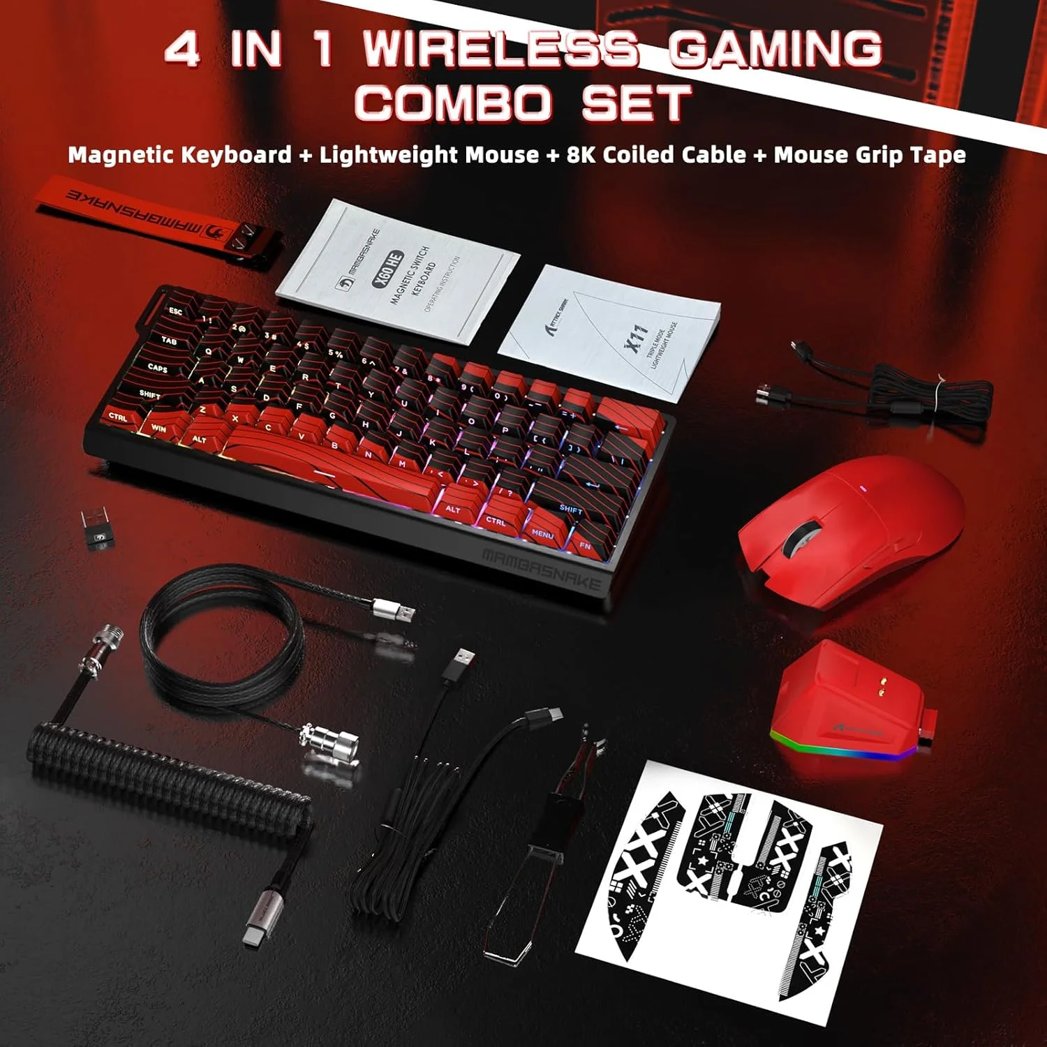 MAMBASNAKE x Attack Shark X60HE کیبورد گیمینگ بیسیم با قابلیت Rapid Trigger و ماوس گیمینگ X11 با کابل مارپیچ 8K، کیبورد RGB QWERTY با سوئیچ مغناطیسی RT 0.01 میلیمتری، حسگر ماوس PAW3311 22K DPI - قرمز MAMBASNAKE x Attack Shark X60HE کیبورد گیمینگ بیسیم با قابلیت Rapid Trigger و ماوس گیمینگ X11 با کابل مارپیچ 8K، کیبورد RGB QWERTY با سوئیچ مغناطیسی RT 0.01 میلیمتری، حسگر ماوس PAW3311 22K DPI - قرمز