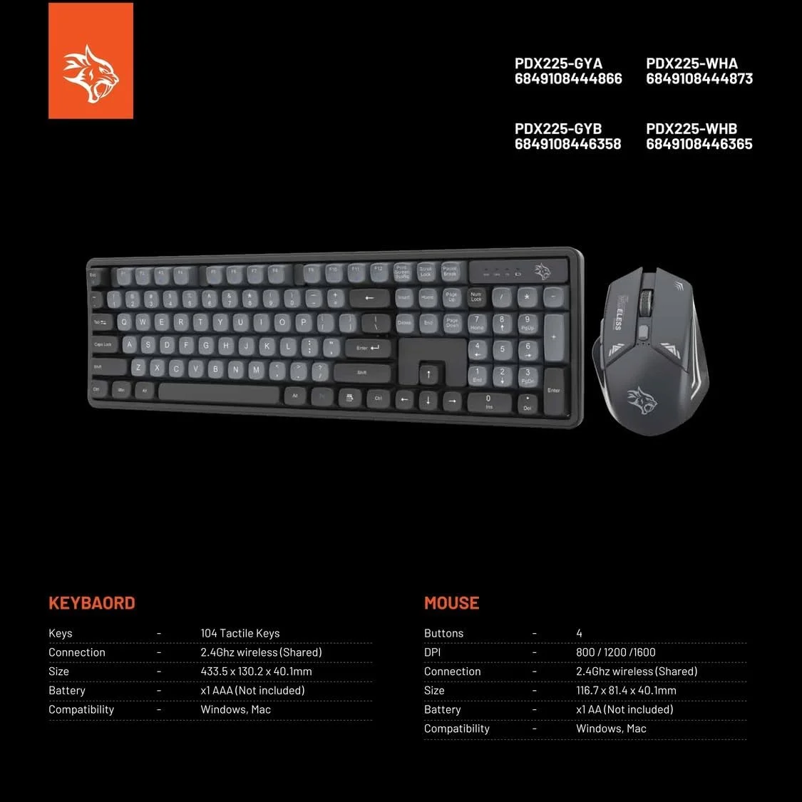 کیبورد و ماوس بی‌سیم گیمینگ Porodo با طراحی ویژه، اتصال آسان، کلیدهای عربی، 104 کلید لمسی، ماوس 4 دکمه، بی‌سیم، سازگار با مک و ویندوز (خاکستری/مشکی)