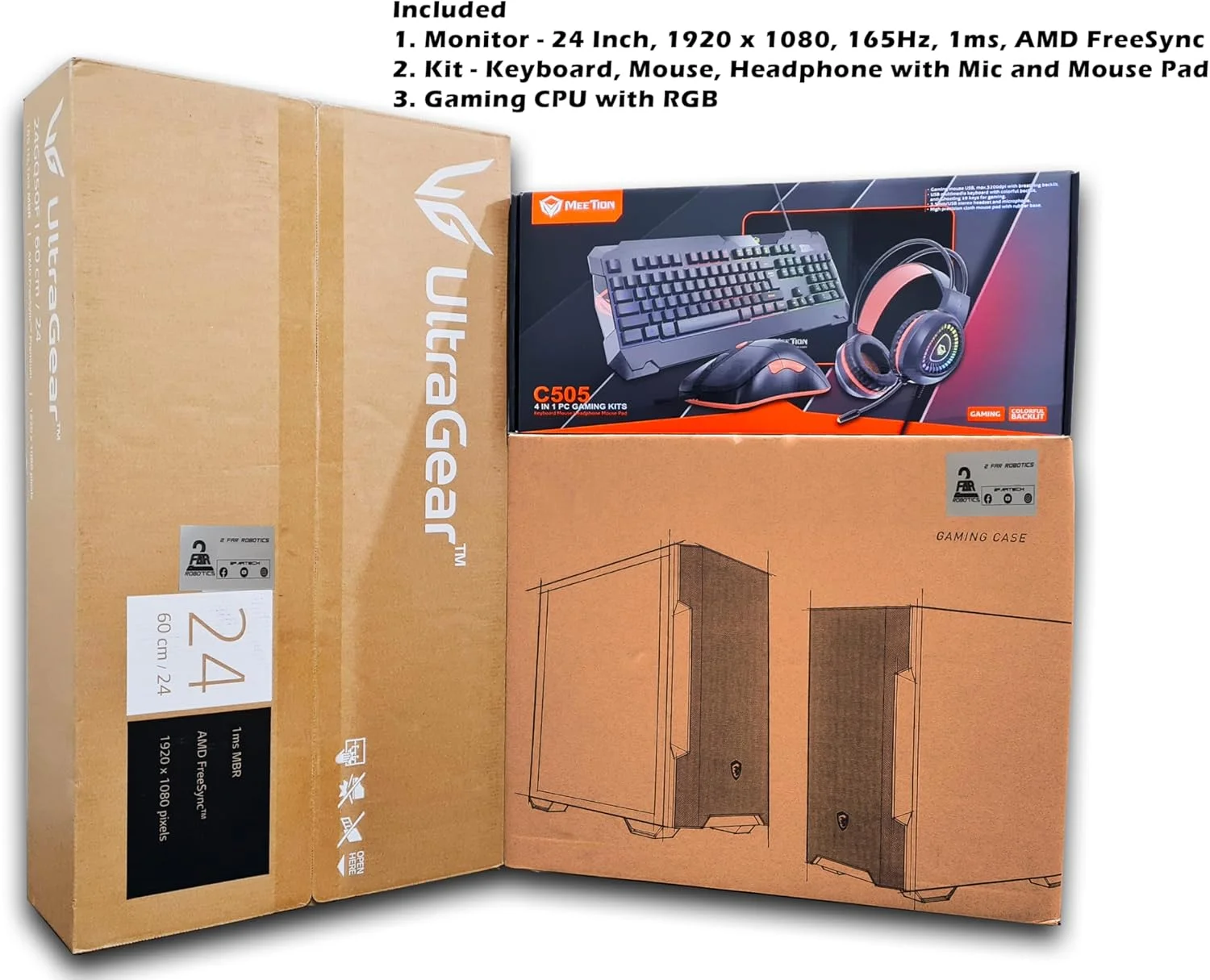 ست کامل کامپیوتر گیمینگ 2 FAR ROBOTICS i5-12400F، RTX 5060Ti با WIFI و RGB - مانیتور گیمینگ 24 اینچ 165 هرتز، کیبورد، ماوس، هدفون، ماوس پد، 16 گیگابایت DDR4، 1 ترابایت SSD، ویندوز 11 پرو، 1 سال گارانتی