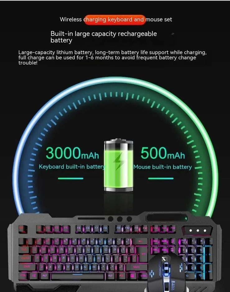 ست کیبورد و ماوس گیمینگ بی‌سیم، کیبورد و ماوس RGB با نور پس‌زمینه و باتری قابل شارژ 3000 میلی‌آمپر، پنل فلزی، استراحتگاه دست جداشدنی، کیبورد با حس مکانیکی و ماوس گیمینگ 7 رنگ بی‌صدا برای گیمرهای PC