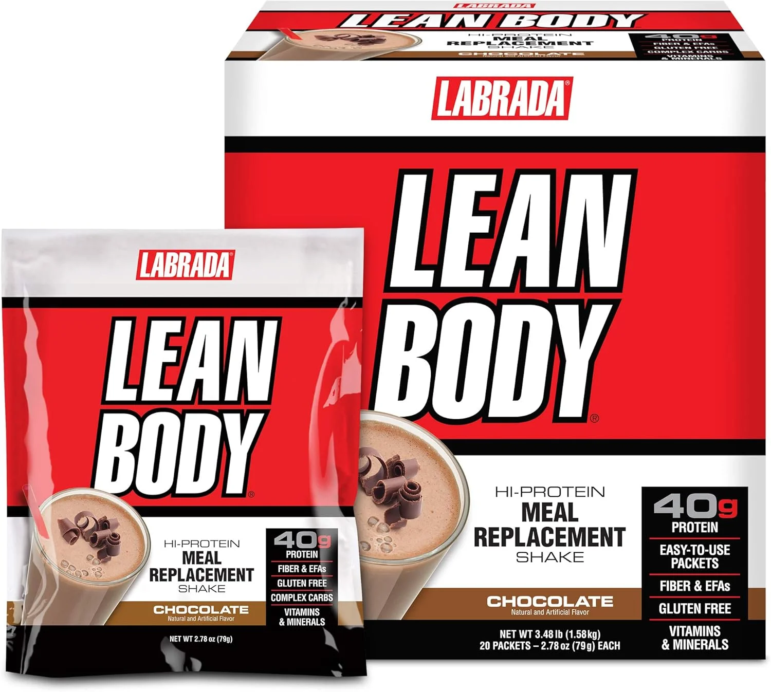 لابرادا نوتریشن Lean Body HI- Protein Meal Replacement Shake (شکلاتی، بسته 20 عددی، 79 گرم در هر عدد) 40 گرم پروتئین، فیبر و EFAs، بسته های آسان برای استفاده، بدون گلوتن و 22 ویتامین و مواد معدنی