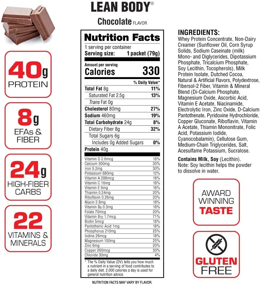 لابرادا نوتریشن Lean Body HI- Protein Meal Replacement Shake (شکلاتی، بسته 20 عددی، 79 گرم در هر عدد) 40 گرم پروتئین، فیبر و EFAs، بسته های آسان برای استفاده، بدون گلوتن و 22 ویتامین و مواد معدنی لابرادا نوتریشن Lean Body HI- Protein Meal Replacement Shake (شکلاتی، بسته 20 عددی، 79 گرم در هر عدد) 40 گرم پروتئین، فیبر و EFAs، بسته های آسان برای استفاده، بدون گلوتن و 22 ویتامین و مواد معدنی