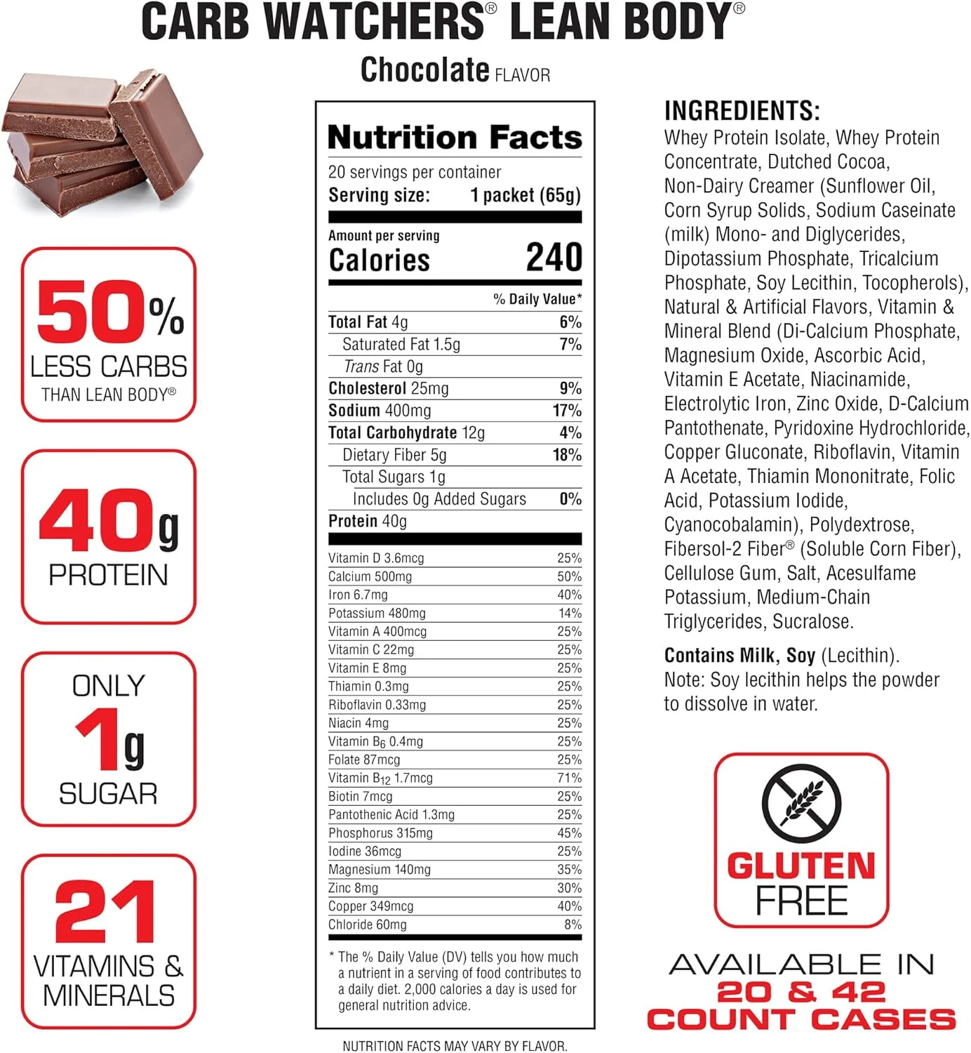 لابرادا نوتریشن Lean Body Carb Watchers (40 گرم پروتئین Lean Pro، 8 گرم فیبر، 8 گرم چربی های ضروری، 21 ویتامین و مواد معدنی، بدون گلوتن، بدون رنگ های مصنوعی، بدون مواد نگهدارنده) - 42 بسته 2.29oz (شکلاتی) لابرادا نوتریشن Lean Body Carb Watchers (40 گرم پروتئین Lean Pro، 8 گرم فیبر، 8 گرم چربی های ضروری، 21 ویتامین و مواد معدنی، بدون گلوتن، بدون رنگ های مصنوعی، بدون مواد نگهدارنده) - 42 بسته 2.29oz (شکلاتی)