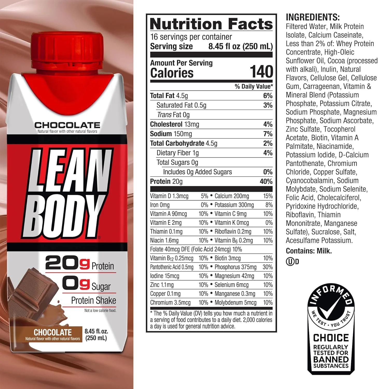 لابرادا نوتریشن - شیک پروتئین وی Lean Body RTD، شیک جایگزین غذای راحت و قابل حمل برای مردان و زنان، 20 گرم پروتئین - بدون قند، لاکتوز و گلوتن، شکلاتی (بسته 16 عددی) لابرادا نوتریشن - شیک پروتئین وی Lean Body RTD، شیک جایگزین غذای راحت و قابل حمل برای مردان و زنان، 20 گرم پروتئین - بدون قند، لاکتوز و گلوتن، شکلاتی (بسته 16 عددی)