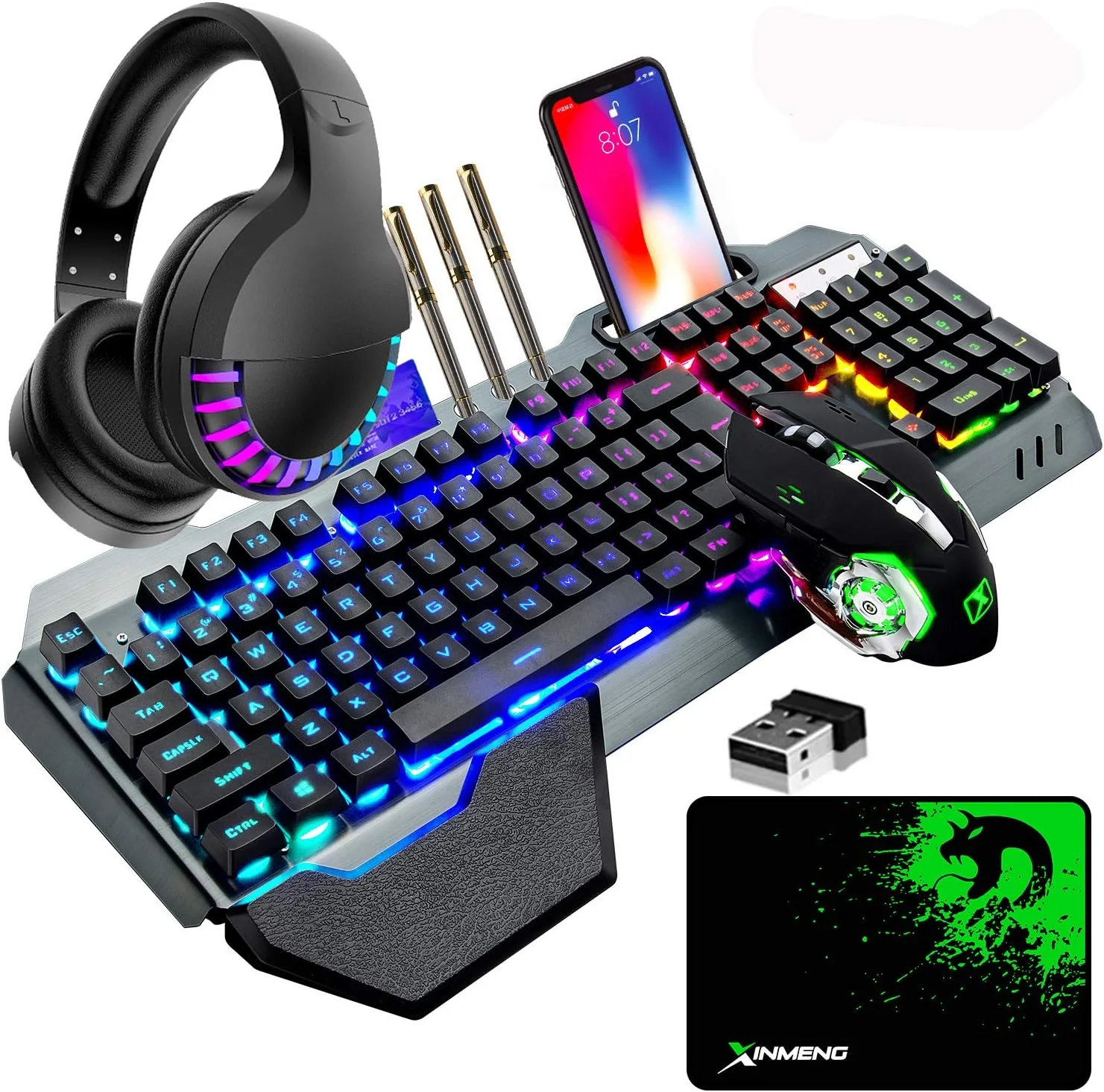 ست ترکیبی کیبورد گیمینگ بی‌سیم، ماوس، هدست و ماوس پد 4 در 1، کیبورد 16 رنگ RGB با نور پس‌زمینه و قابل شارژ با استراحتگاه مچ دست، ماوس گیمینگ 7 رنگ با نور پس‌زمینه و هدفون بلوتوث RGB برای کامپیوتر لپ‌تاپ