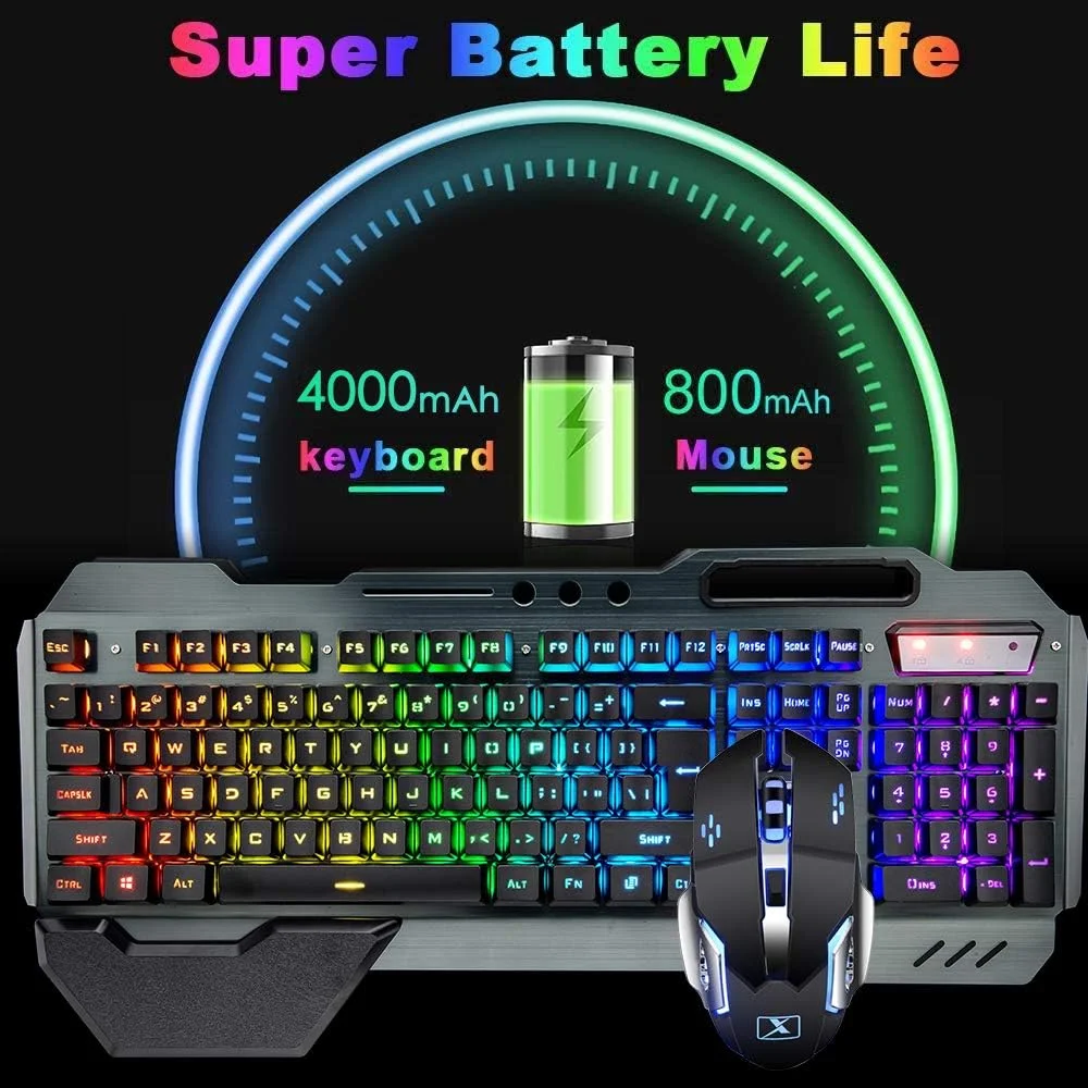 ست ترکیبی کیبورد گیمینگ بی‌سیم، ماوس، هدست و ماوس پد 4 در 1، کیبورد 16 رنگ RGB با نور پس‌زمینه و قابل شارژ با استراحتگاه مچ دست، ماوس گیمینگ 7 رنگ با نور پس‌زمینه و هدفون بلوتوث RGB برای کامپیوتر لپ‌تاپ