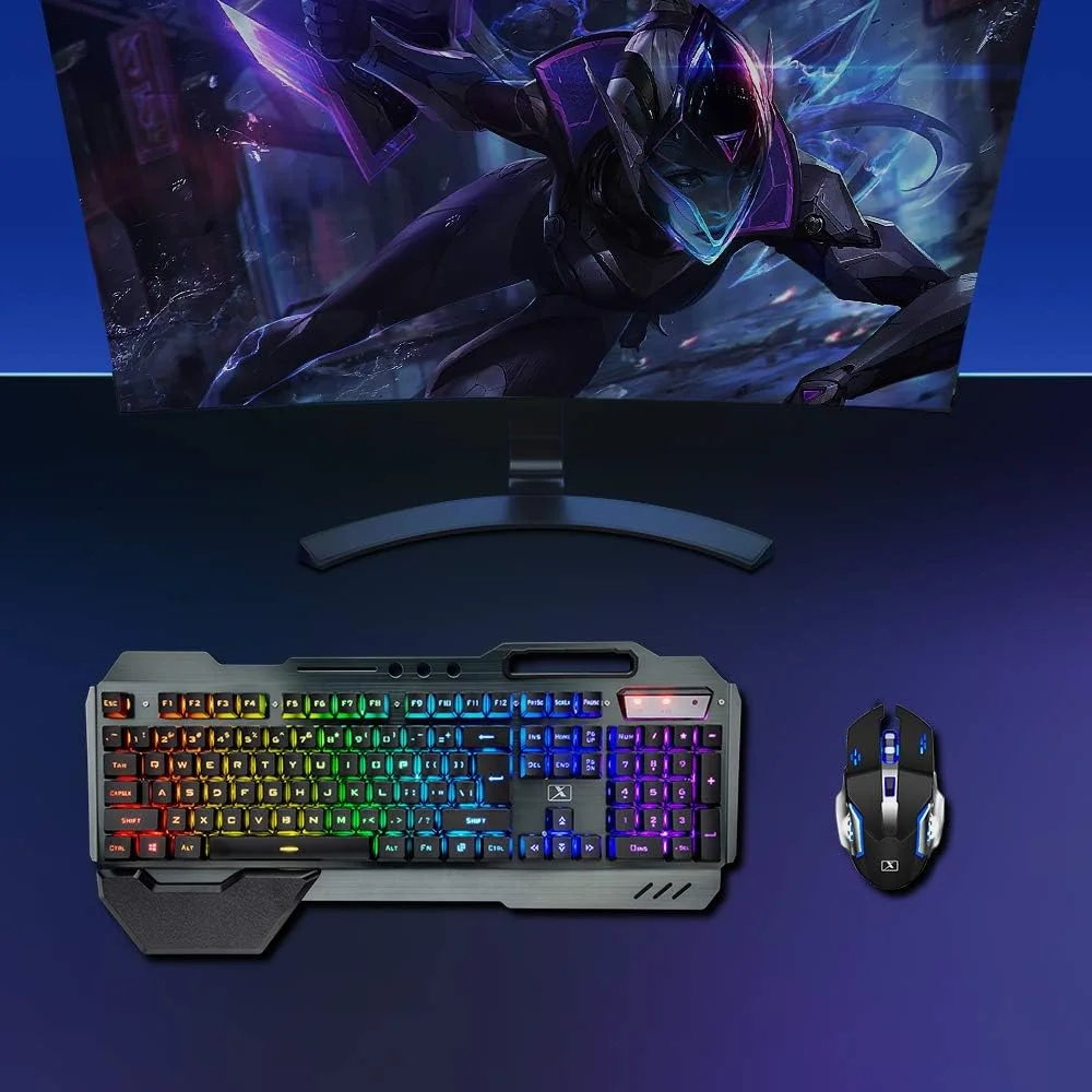 ست ترکیبی کیبورد گیمینگ بی‌سیم، ماوس، هدست و ماوس پد 4 در 1، کیبورد 16 رنگ RGB با نور پس‌زمینه و قابل شارژ با استراحتگاه مچ دست، ماوس گیمینگ 7 رنگ با نور پس‌زمینه و هدفون بلوتوث RGB برای کامپیوتر لپ‌تاپ