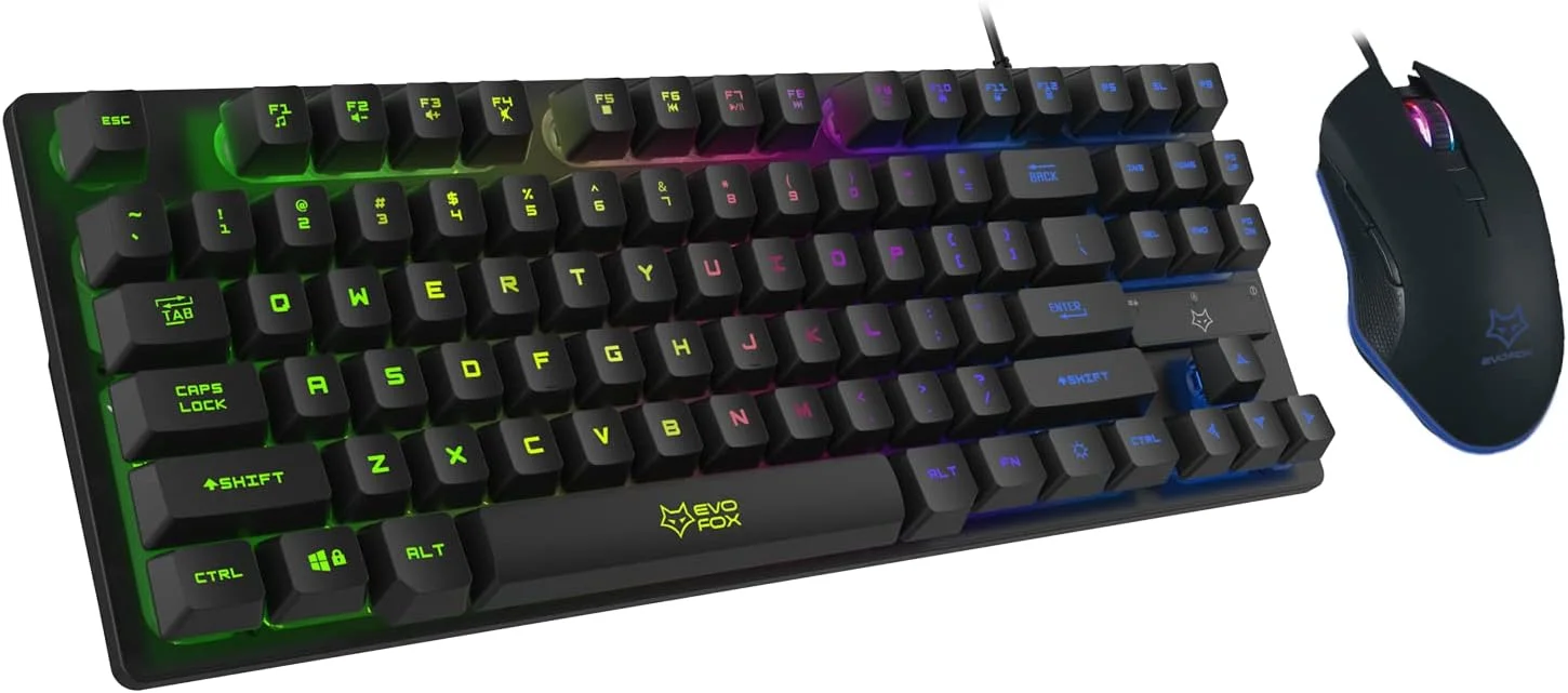 کیبورد گیمینگ و ماوس EvoFox X-Team Fireblade با طراحی TKL کم حجم، جلوه های نورپردازی LED تنفسی، کلیدهای Anti-ghosting و ماوس 6 دکمه ای با تنظیم DPI تا 3200 (سیمی، مشکی)