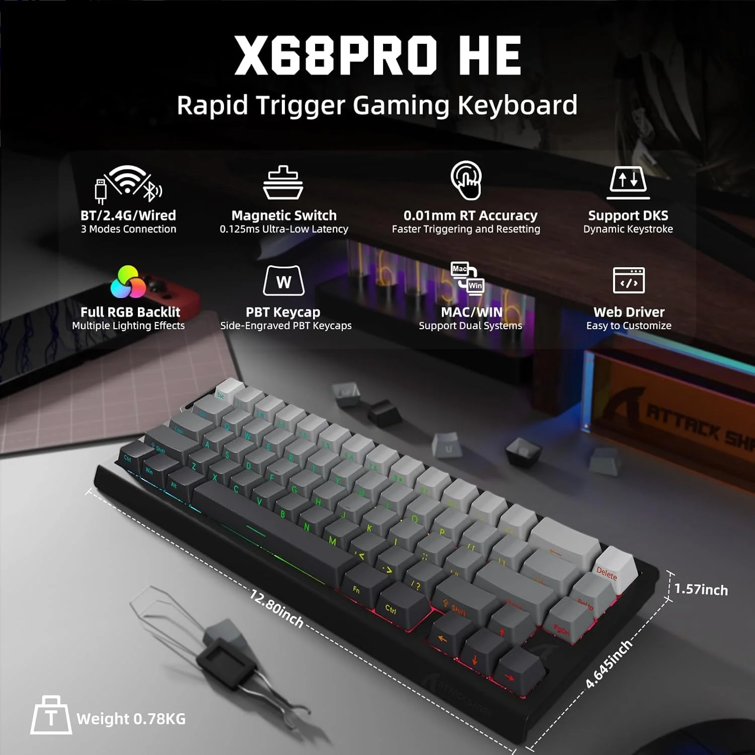 ست کیبورد بیسیم و ماوس گیمینگ ATTACK SHARK 3 در 1 X68PROHE و X11، بلوتوث/2.4G/سیمی، سوئیچ مغناطیسی تریگر سریع 8 کیلوهرتز، PixArt PAW3311، 22000DPI، کابل فنری C01PRO - گرادیان مشکی ست کیبورد بیسیم و ماوس گیمینگ ATTACK SHARK 3 در 1 X68PROHE و X11، بلوتوث/2.4G/سیمی، سوئیچ مغناطیسی تریگر سریع 8 کیلوهرتز، PixArt PAW3311، 22000DPI، کابل فنری C01PRO - گرادیان مشکی
