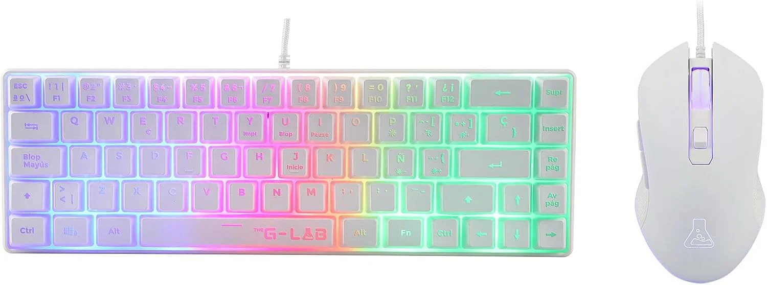 مجموعه کیبورد و ماوس گیمینگ The G-Lab - Hydrogen Combo، کیبورد گیمینگ سیمی 60%، نور پس زمینه RGB، Azerty، فرمت فشرده + ماوس گیمینگ RGB، 6 دکمه، 6200 DPI - PC/PS4/PS5 - سفید