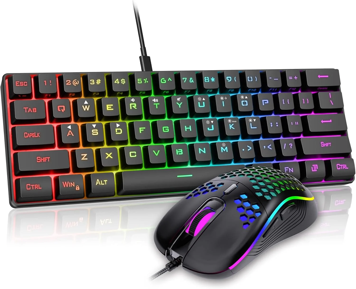 ست کیبورد و ماوس گیمینگ RedThunder با 60% اندازه، کیبورد مینی فوق فشرده 61 کلیدی با نور پس زمینه RGB، ماوس اپتیکال لانه زنبوری سبک وزن 7200 DPI، ست گیمینگ سیمی برای PC MAC PS5 Xbox گیمر (مشکی)