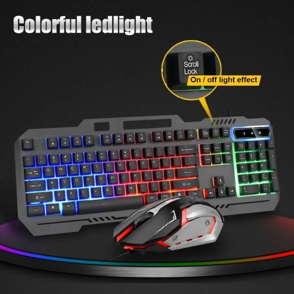 ست کیبورد و ماوس گیمینگ (USB، کابل بافته شده): کیبورد با نورهای LED چند رنگ انعطاف پذیر، حس مکانیکی، ست کیبورد و ماوس سیمی USB برای کامپیوتر ویندوز (نقره ای و مشکی)