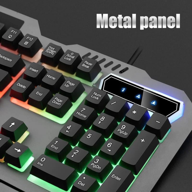ست کیبورد و ماوس گیمینگ (USB، کابل بافته شده): کیبورد با نورهای LED چند رنگ انعطاف پذیر، حس مکانیکی، ست کیبورد و ماوس سیمی USB برای کامپیوتر ویندوز (نقره ای و مشکی)