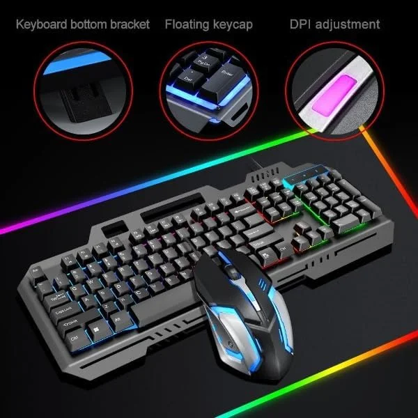 ست کیبورد و ماوس گیمینگ (USB، کابل بافته شده): کیبورد با نورهای LED چند رنگ انعطاف پذیر، حس مکانیکی، ست کیبورد و ماوس سیمی USB برای کامپیوتر ویندوز (نقره ای و مشکی)