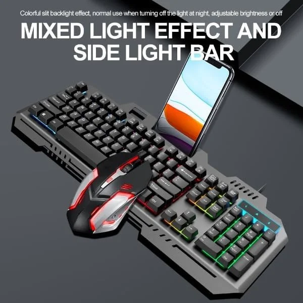 ست کیبورد و ماوس گیمینگ (USB، کابل بافته شده): کیبورد با نورهای LED چند رنگ انعطاف پذیر، حس مکانیکی، ست کیبورد و ماوس سیمی USB برای کامپیوتر ویندوز (نقره ای و مشکی)