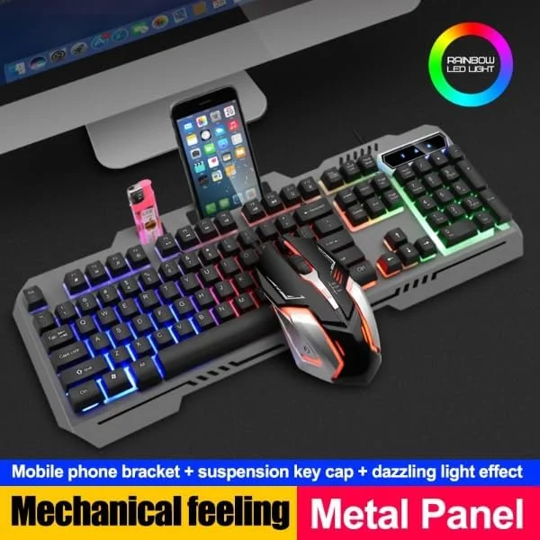ست کیبورد و ماوس گیمینگ (USB، کابل بافته شده): کیبورد با نورهای LED چند رنگ انعطاف پذیر، حس مکانیکی، ست کیبورد و ماوس سیمی USB برای کامپیوتر ویندوز (نقره ای و مشکی)