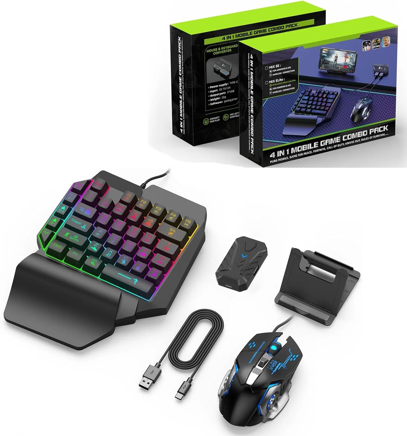 ست کیبورد گیمینگ RGB یک دستی Bewinner و ماوس با نور پس زمینه، بسته ترکیبی بازی موبایل 4 در 1 جهانی، کیبورد گیمینگ تک دستی با پایه نگهدارنده گوشی موبایل و مبدل ماوس