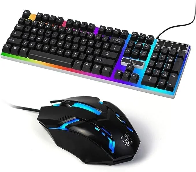 ست کیبورد سیم دار USB گیمینگ و ماوس با نورهای LED چند رنگ انعطاف پذیر، کیبورد با حس مکانیکی و نور پس زمینه (مشکی)