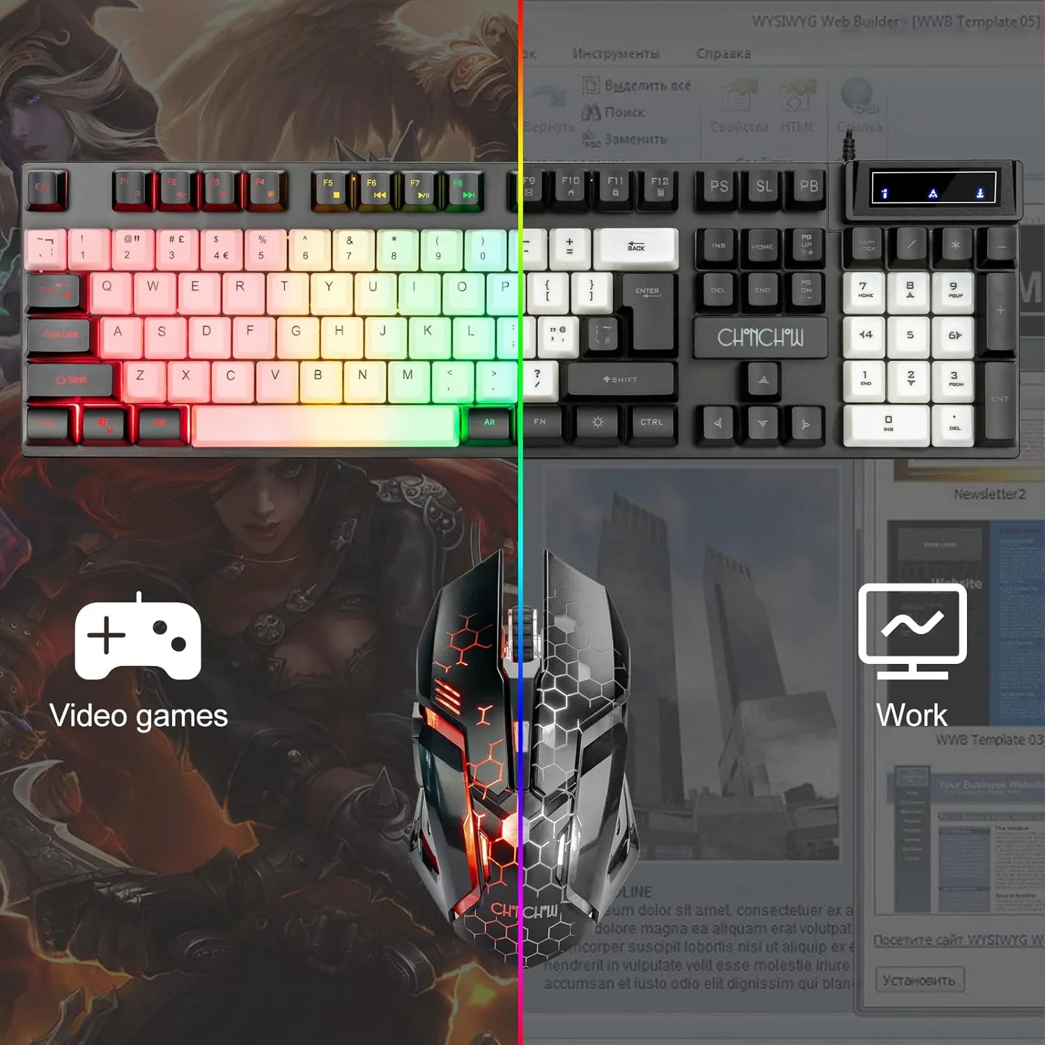 ست کیبورد و ماوس سیم دار USB CHONCHOW، کیبورد گیمینگ با نور پس زمینه LED رنگین کمانی و ماوس، ست ماوس و کیبورد برای کامپیوتر، لپ تاپ، ایکس باکس، PS4، PS5، بازی و کار (1953، محلی)