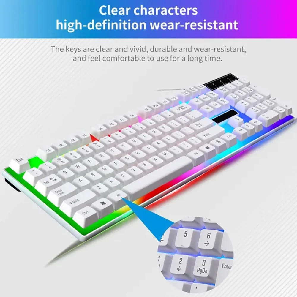 ست کیبورد و ماوس گیمینگ سیم دار فوق فشرده AMERTEER، کیبورد مکانیکی با نور پس زمینه آبی و RGB با کلیدهای قابل برنامه ریزی، سازگار با iOS، اندروید و ویندوز، طراحی ارگونومیک سفید