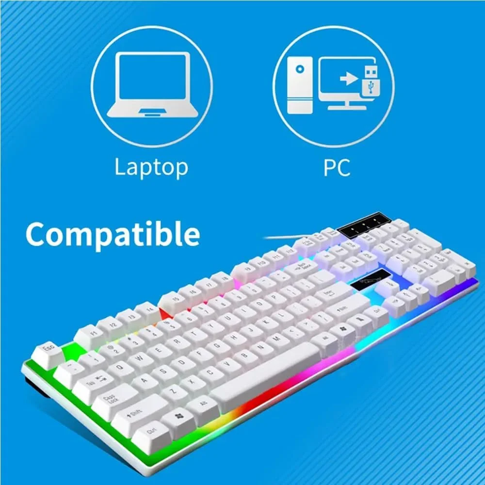 ست کیبورد و ماوس گیمینگ سیم دار فوق فشرده AMERTEER، کیبورد مکانیکی با نور پس زمینه آبی و RGB با کلیدهای قابل برنامه ریزی، سازگار با iOS، اندروید و ویندوز، طراحی ارگونومیک سفید