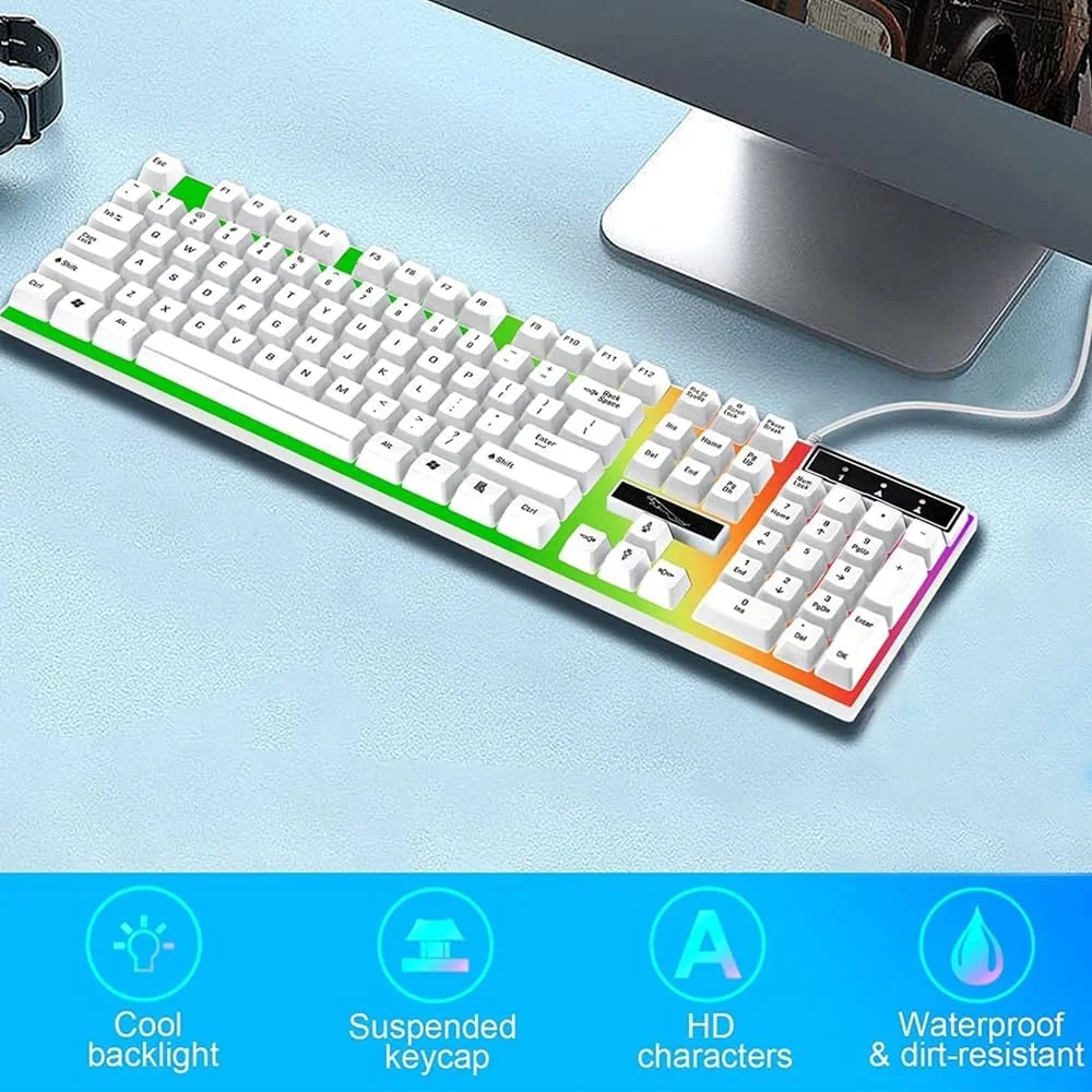 ست کیبورد و ماوس گیمینگ سیم دار فوق فشرده AMERTEER، کیبورد مکانیکی با نور پس زمینه آبی و RGB با کلیدهای قابل برنامه ریزی، سازگار با iOS، اندروید و ویندوز، طراحی ارگونومیک سفید
