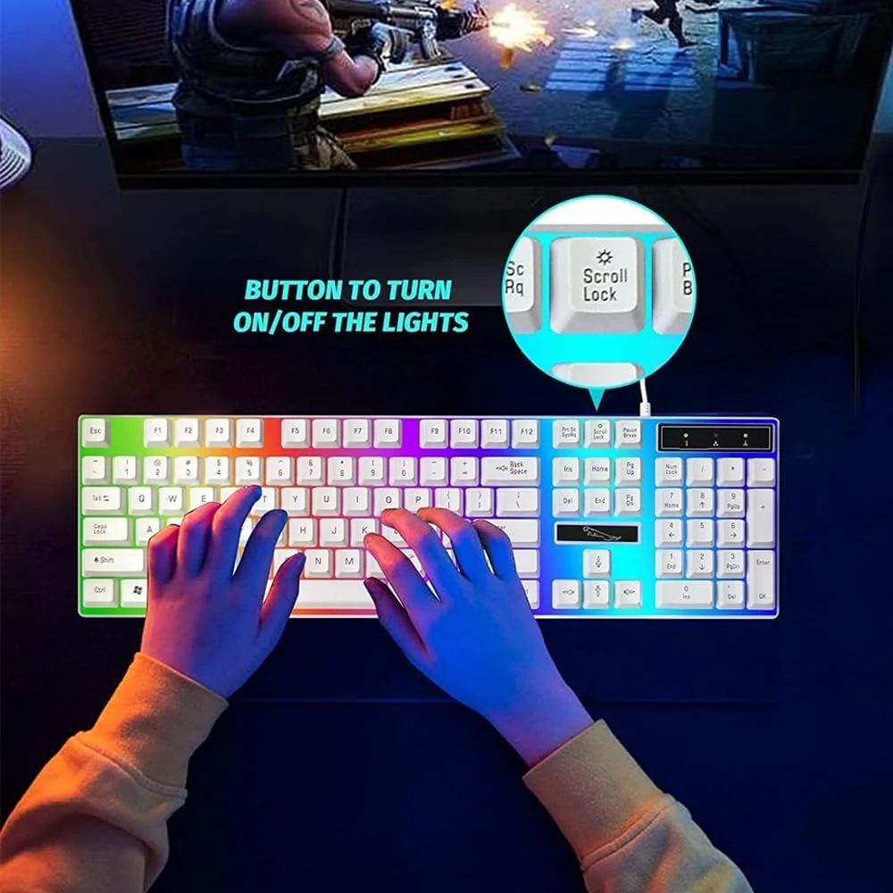 ست کیبورد و ماوس گیمینگ سیم دار فوق فشرده AMERTEER، کیبورد مکانیکی با نور پس زمینه آبی و RGB با کلیدهای قابل برنامه ریزی، سازگار با iOS، اندروید و ویندوز، طراحی ارگونومیک سفید