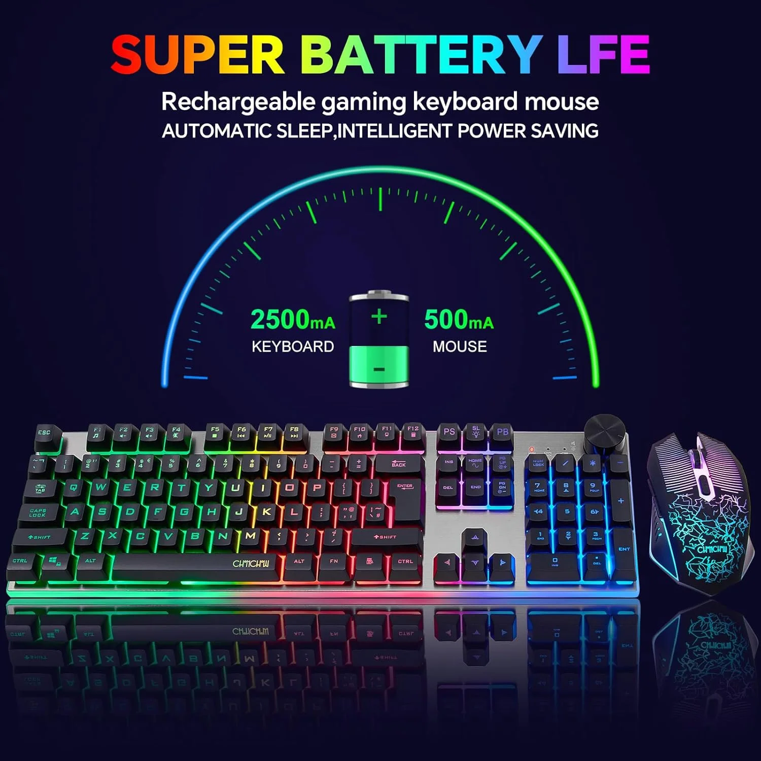 کیبورد گیمینگ بی‌سیم با دکمه چرخشی و ماوس، دانگل USB 2.4G، باتری قابل شارژ 3000mAh، پنل استیل با نور پس زمینه RGB، ماوس دکمه جانبی 4200DPI برای کامپیوتر لپ تاپ سازگار با ویندوز 8/9/10 MacOS