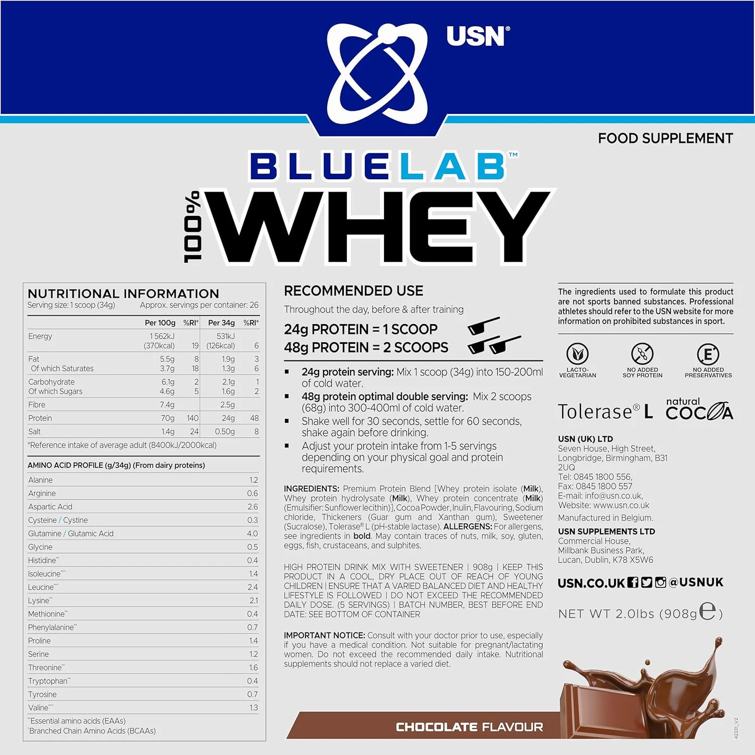 پودر پروتئین وی شکلاتی USN Blue Lab، 908 گرم، پودر پروتئین وی ممتاز، فرمول علمی، مکمل پودر پروتئین بعد از تمرین با پروتئین بالا به همراه BCAA های اضافه شده پودر پروتئین وی شکلاتی USN Blue Lab، 908 گرم، پودر پروتئین وی ممتاز، فرمول علمی، مکمل پودر پروتئین بعد از تمرین با پروتئین بالا به همراه BCAA های اضافه شده